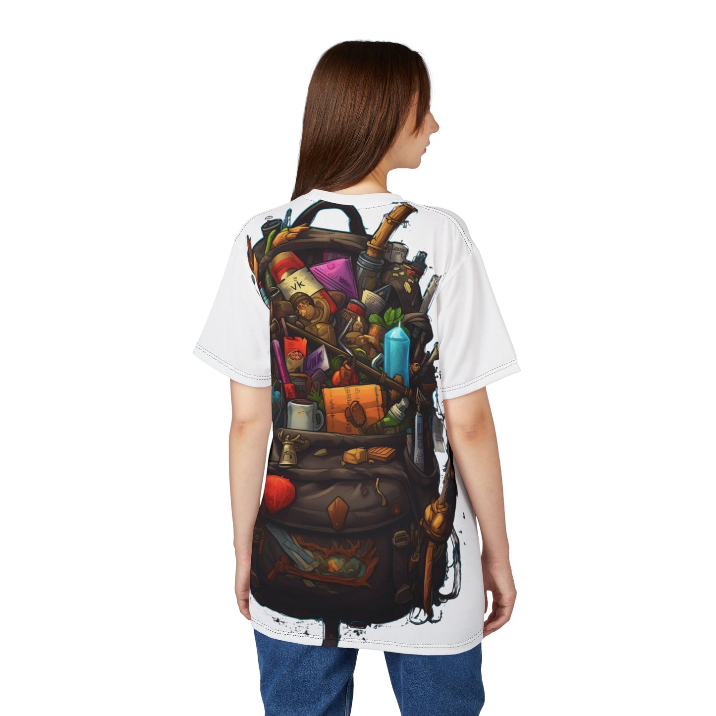Adventurer's Backpack Unisex AOP Tee - Rope, Rations, Spell scrolls, Potions, Daggers, Coins, Magic Items, DND, RPG, Geek, Nerd