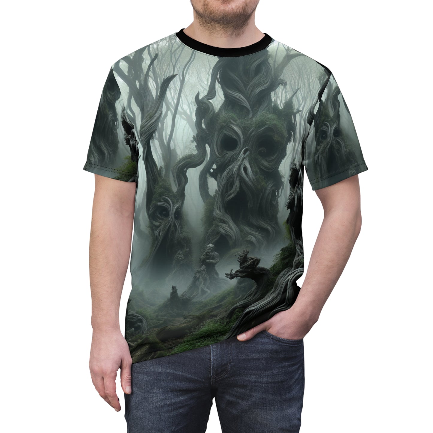 Mystical Living Forest AOP Unisex Tee - Enchanted Faces In The Trees Design, Horror, Scary, Creepy, Halloween, Haunted, Eerie