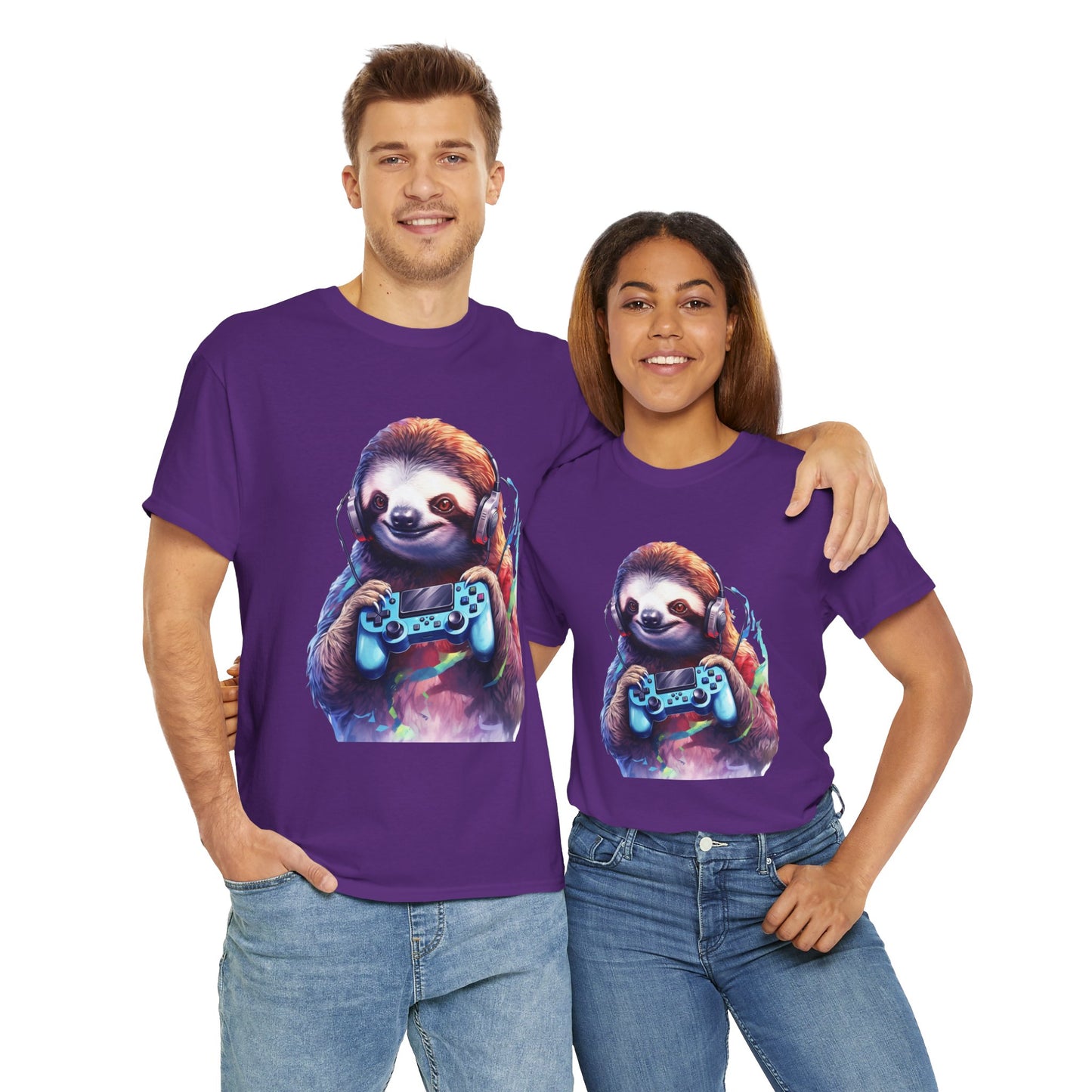 Cute Kawaii Gaming Sloth Unisex Heavy Cotton Tee - Animal Shirt, Gamer Apparel, Video Game, Anime, Weeb, Otaku, Geek, Nerd