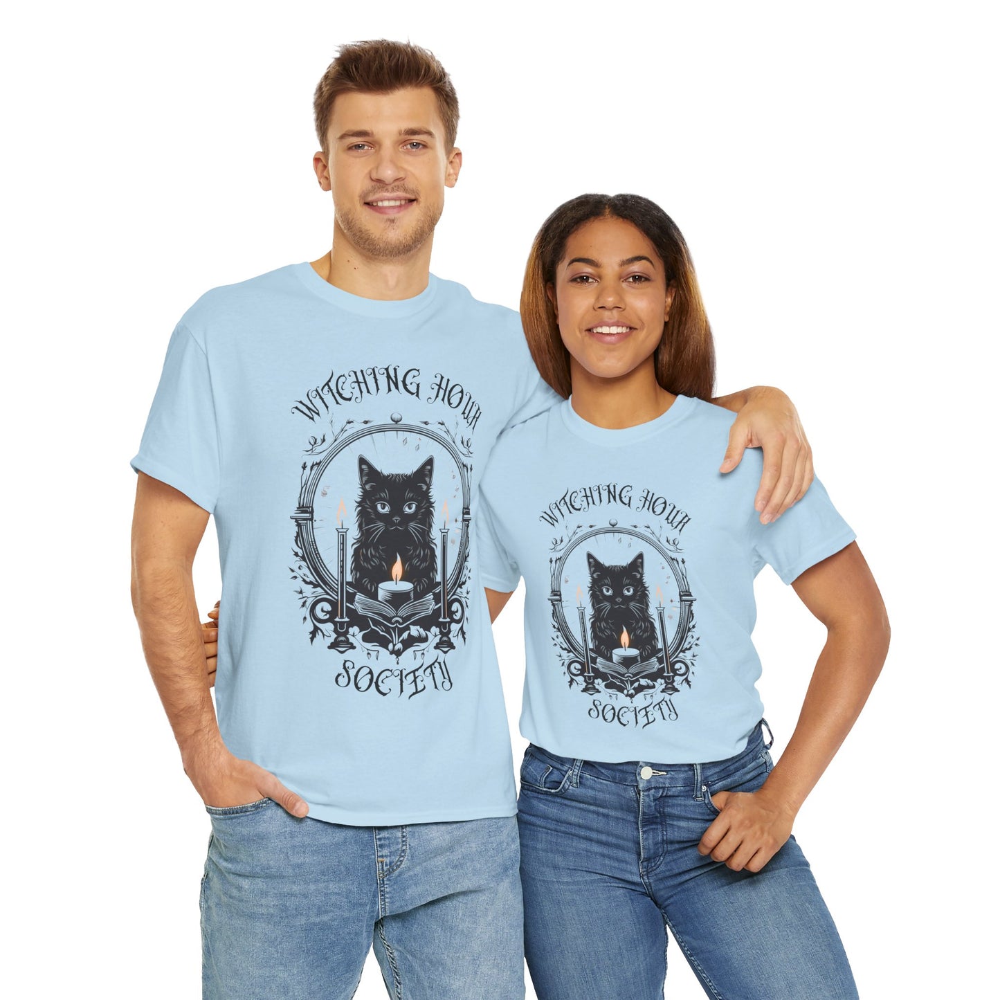 'Witching Hour Society' Cat Cat Tee Shirt- Unisex Heavy Cotton T-Shirt for Book Lovers, Reader, Gothic, Midnight, Scary, Creepy, Halloween