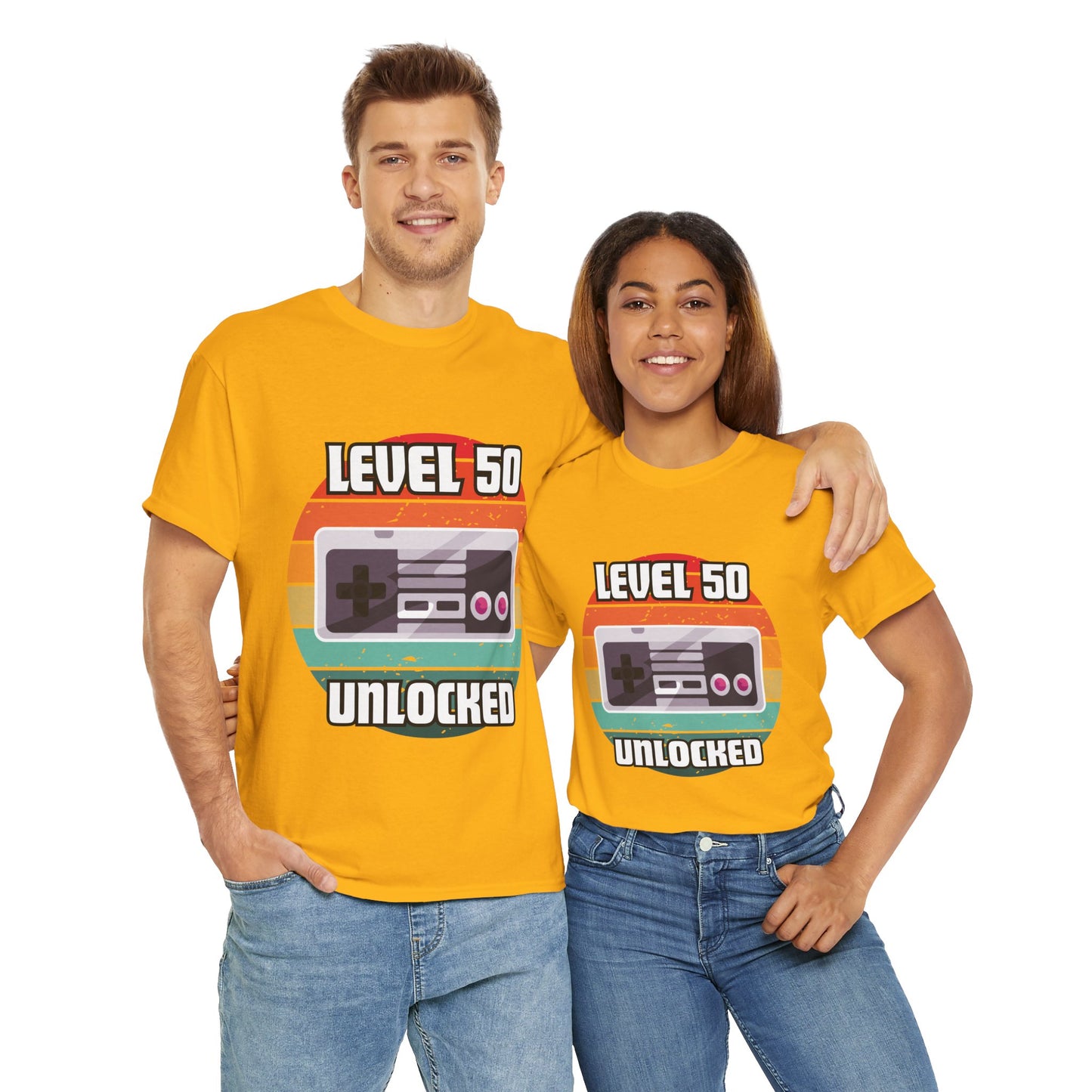 Gaming Level 50 Unlocked Tee - Unisex Heavy Cotton T-Shirt, Video Game, Gamer, Happy Birthday Shirt, Geek, Nerd, Retro