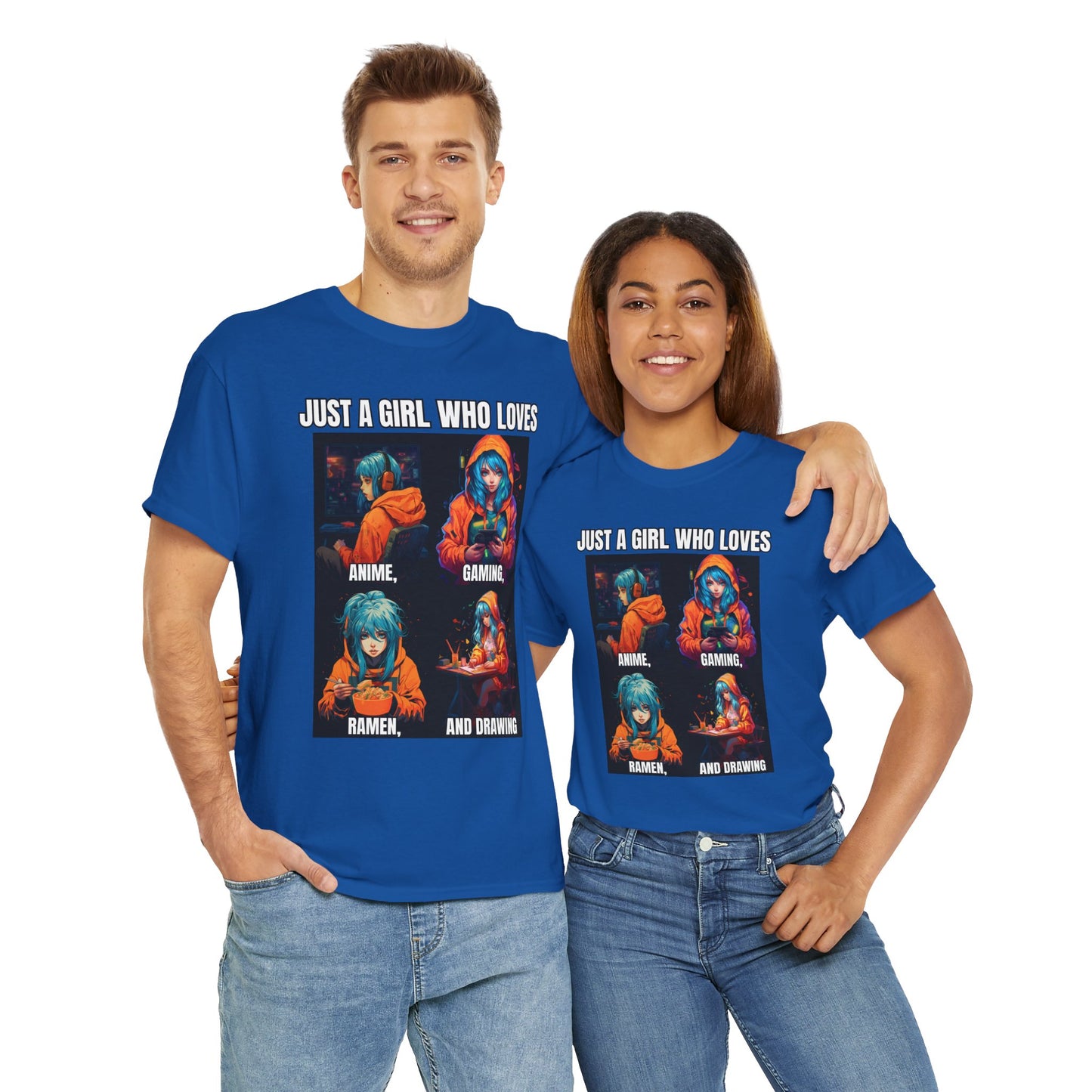 'Just a Girl Who Loves Anime, Gaming, Ramen, and Drawing' Unisex Heavy Cotton Tee - Waifu, Video Game, Gamer, Gamer Girl, Sketching, Weeb, Otaku, Geek, Nerd