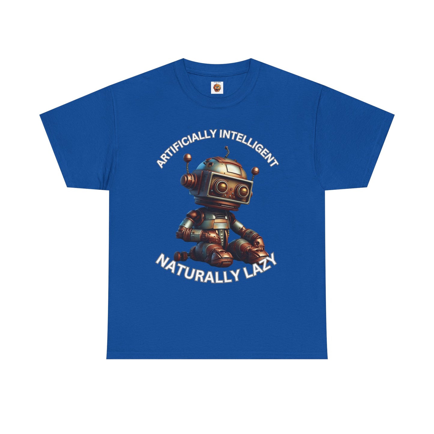Cute Robot Unisex Heavy Cotton Tee Shirt - 'Artificially Intelligent, Naturally Lazy' Graphic T-Shirt for Tech Lovers, Geek, Nerd