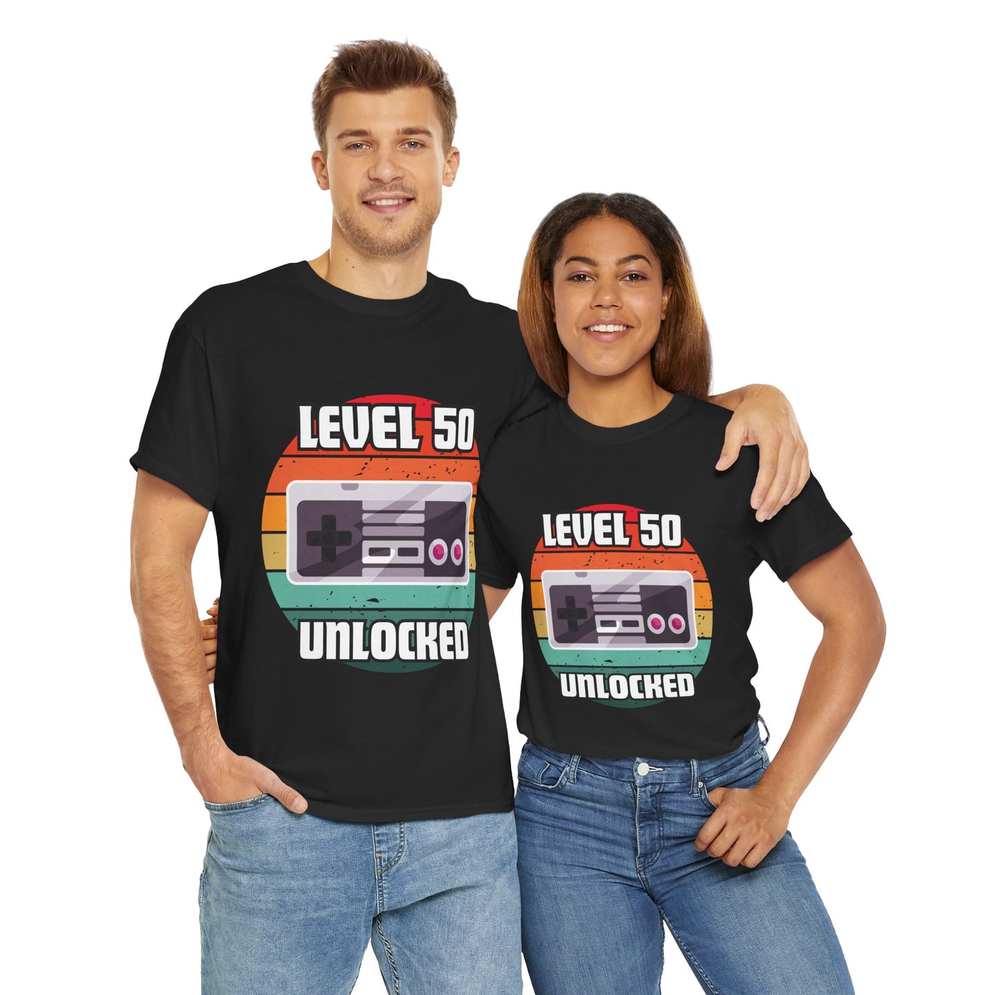 Gaming Level 50 Unlocked Tee - Unisex Heavy Cotton T-Shirt, Video Game, Gamer, Happy Birthday Shirt, Geek, Nerd, Retro