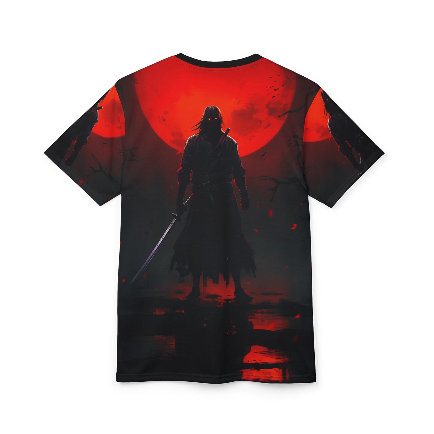 Unisex AOP Graphic Tee - The Cursed Samurai Warrior & Red Moon Design, Ronin, Katana, Japan, Anime, Weeb, Otaku, Manga, Geek, Nerd