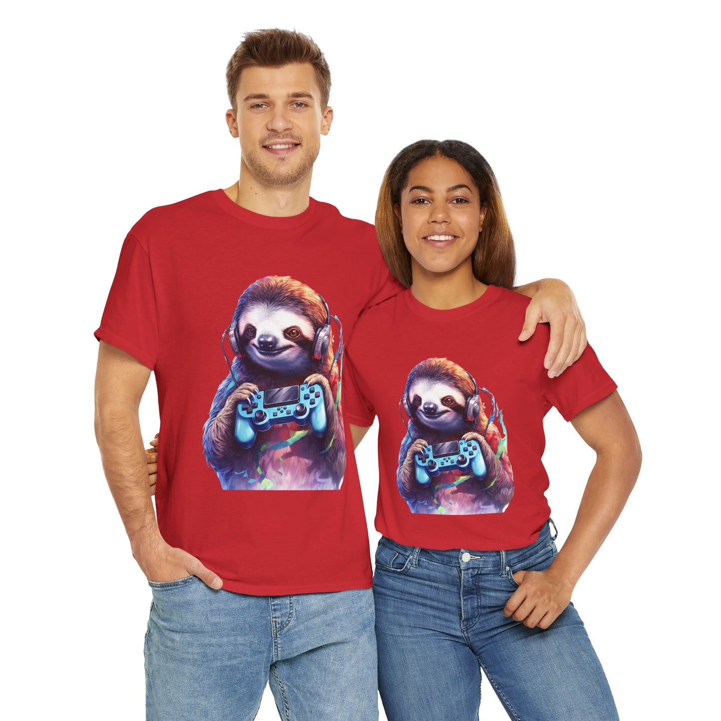 Cute Kawaii Gaming Sloth Unisex Heavy Cotton Tee - Animal Shirt, Gamer Apparel, Video Game, Anime, Weeb, Otaku, Geek, Nerd