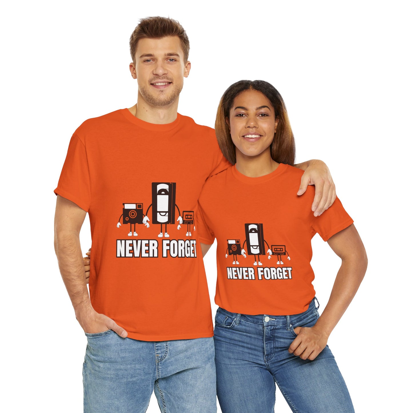 Retro Tech Unisex Heavy Cotton Tee Shirt- "Never Forget" Graphic T-Shirt, Floppy Disk, VHS Tape, Audio Cassette, Science, Geek, Nerd