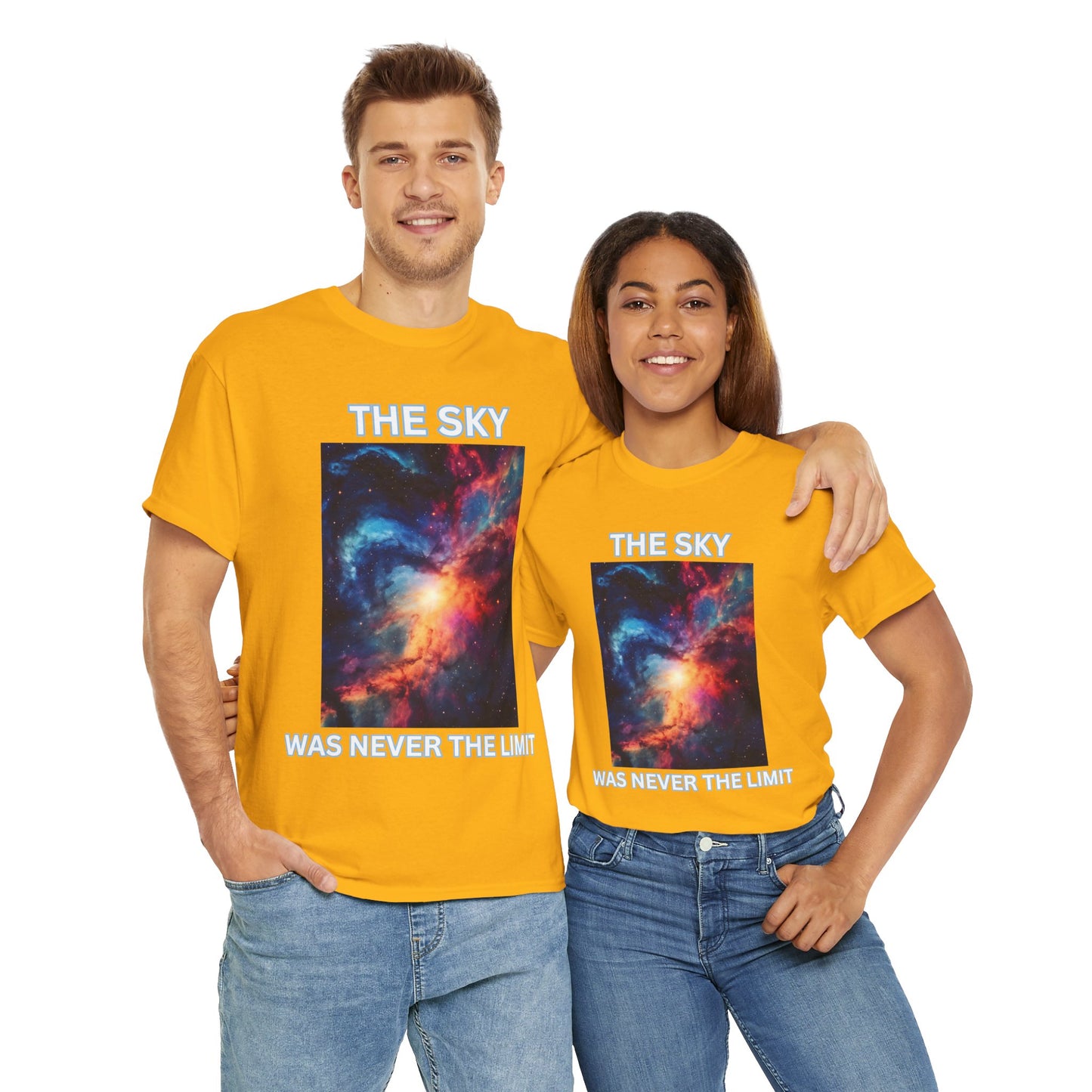 Unisex Heavy Cotton Tee Shirt - 'The Sky Was Never The Limit' Inspirational Galaxy Print, Geek, Nerd, Space
