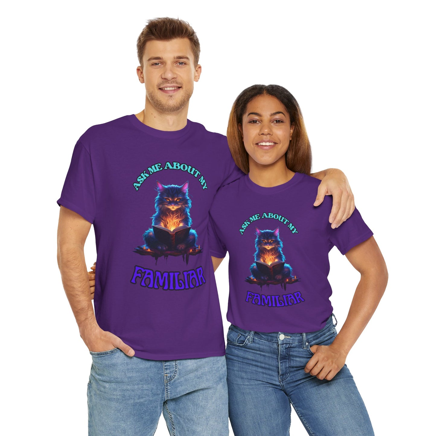 'Ask Me About My Familiar' Mystical Cat Enamel Tee, Cute Animal T-Shirt, Gift for Cat Lovers, Fun Graphic Tee, Witch, DND, RPG, TTRPG, Geek, Nerd