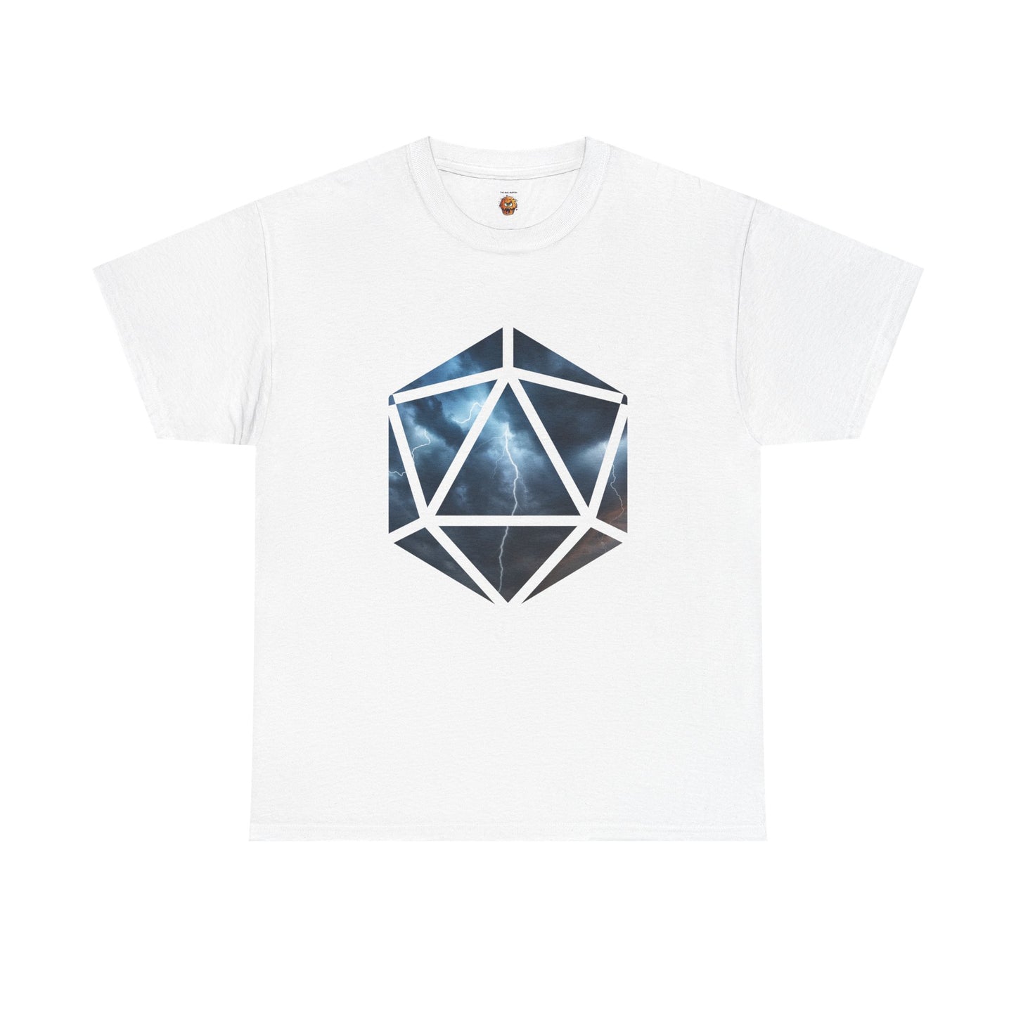 D20 Air Element Cosmic Geometric Unisex Heavy Cotton Tee | Storm Graphic Tee, Lightning Art Shirt, Unique Casual Wear, Gift for Tornado Lovers, DND, RPG, TTRPG, Geek, Nerd