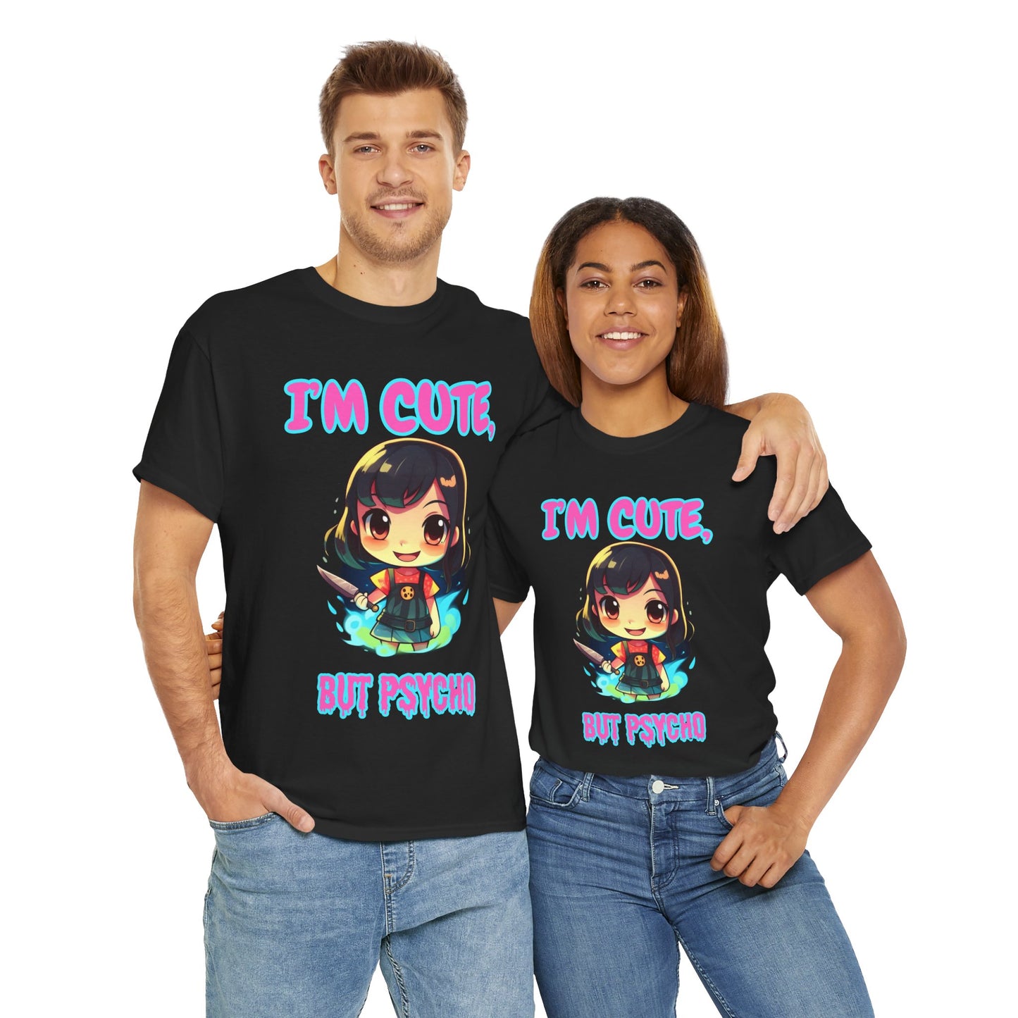 Cute But Psycho Unisex Heavy Cotton Tee Shirt - Trendy Graphic T-Shirt for Casual Wear, Scary Horror, Cute Kawaii Chibi Girl, Weeb, Otaku, Geek, Nerd