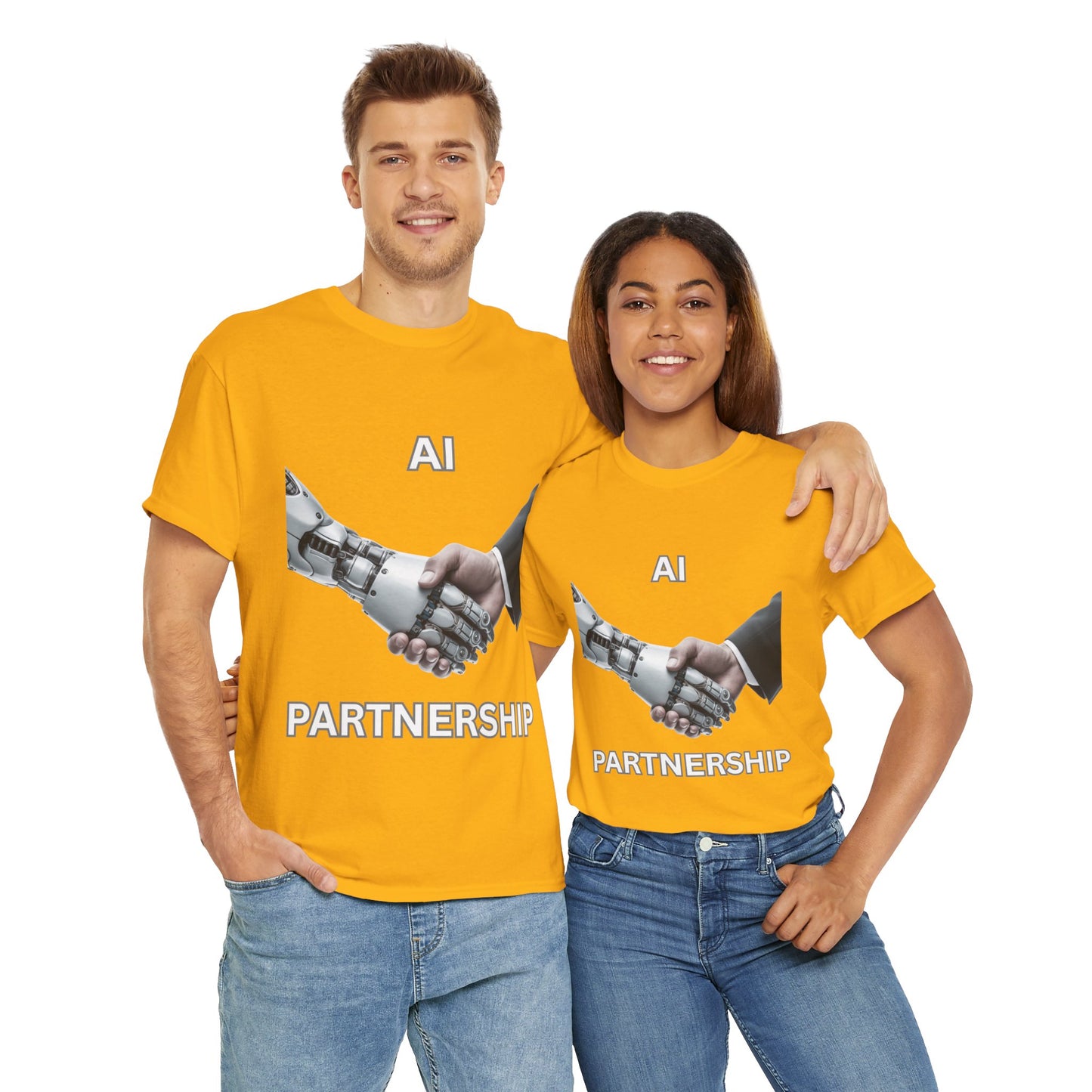 AI Partnership Unisex Heavy Cotton Tee Shirt - Robot And Human Shake Hands, Sci-Fi, Science, Tech, Geek, Nerd