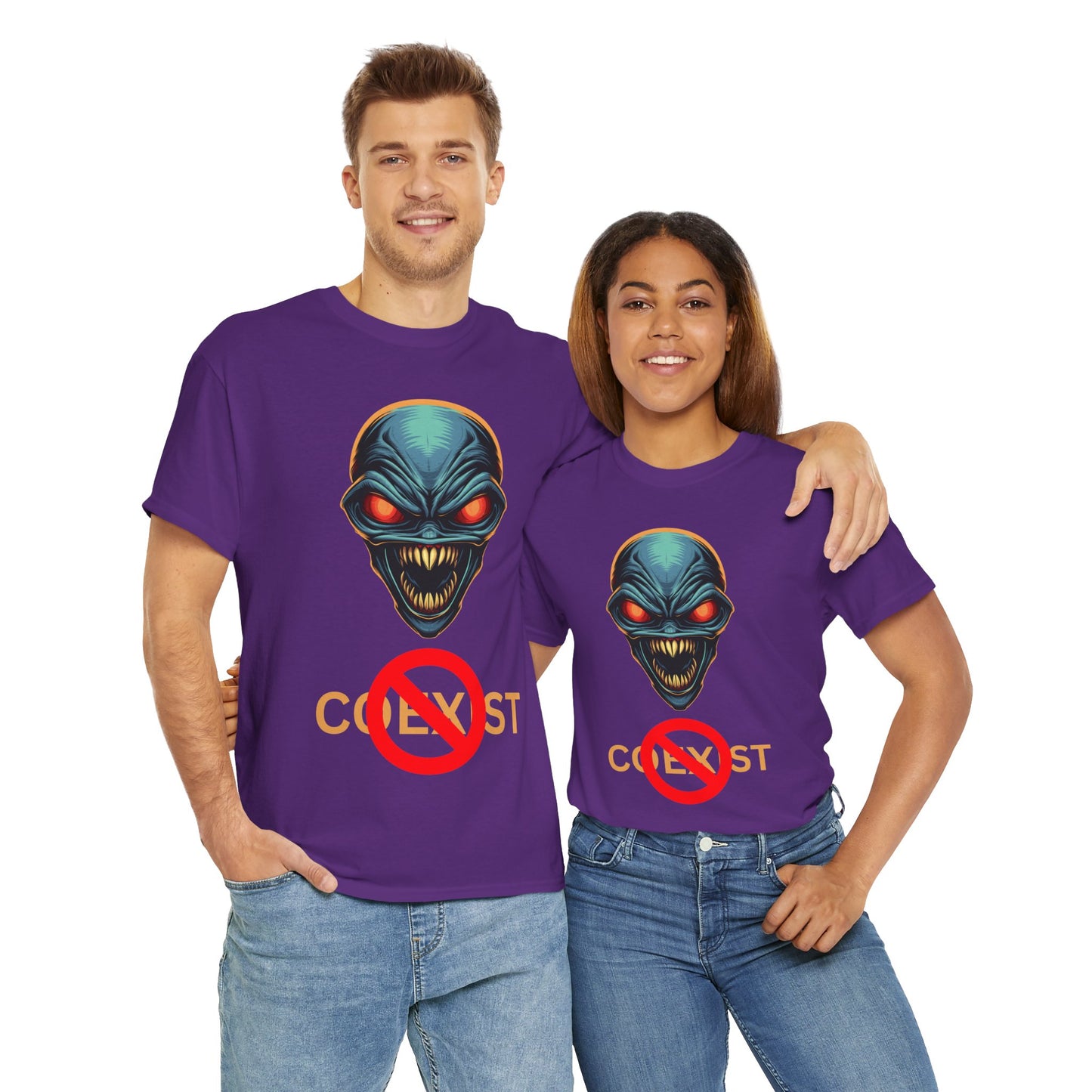 Sci-Fi Coexist No Unisex Heavy Cotton Tee - Cool Alien Head Graphic T-Shirt, Invader, Geek, Nerd