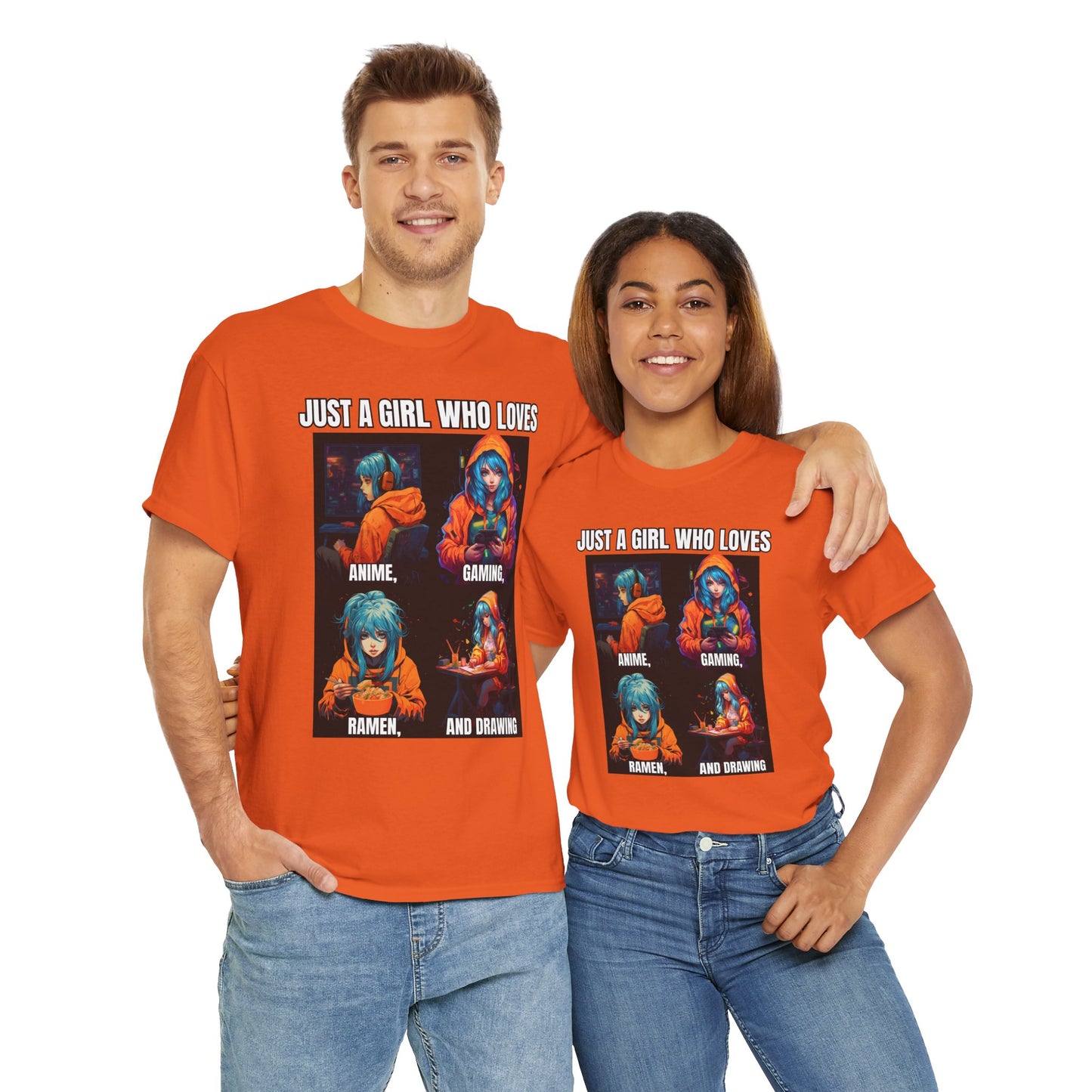 'Just a Girl Who Loves Anime, Gaming, Ramen, and Drawing' Unisex Heavy Cotton Tee - Waifu, Video Game, Gamer, Gamer Girl, Sketching, Weeb, Otaku, Geek, Nerd