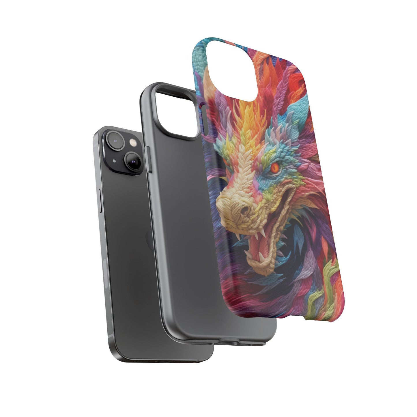 Vibrant 3D Embroidery Embroidered Rainbow Dragon Phone Case - Tough Protection for Fantasy Lovers, DND, RPG, TTRPG, Geek, Nerd