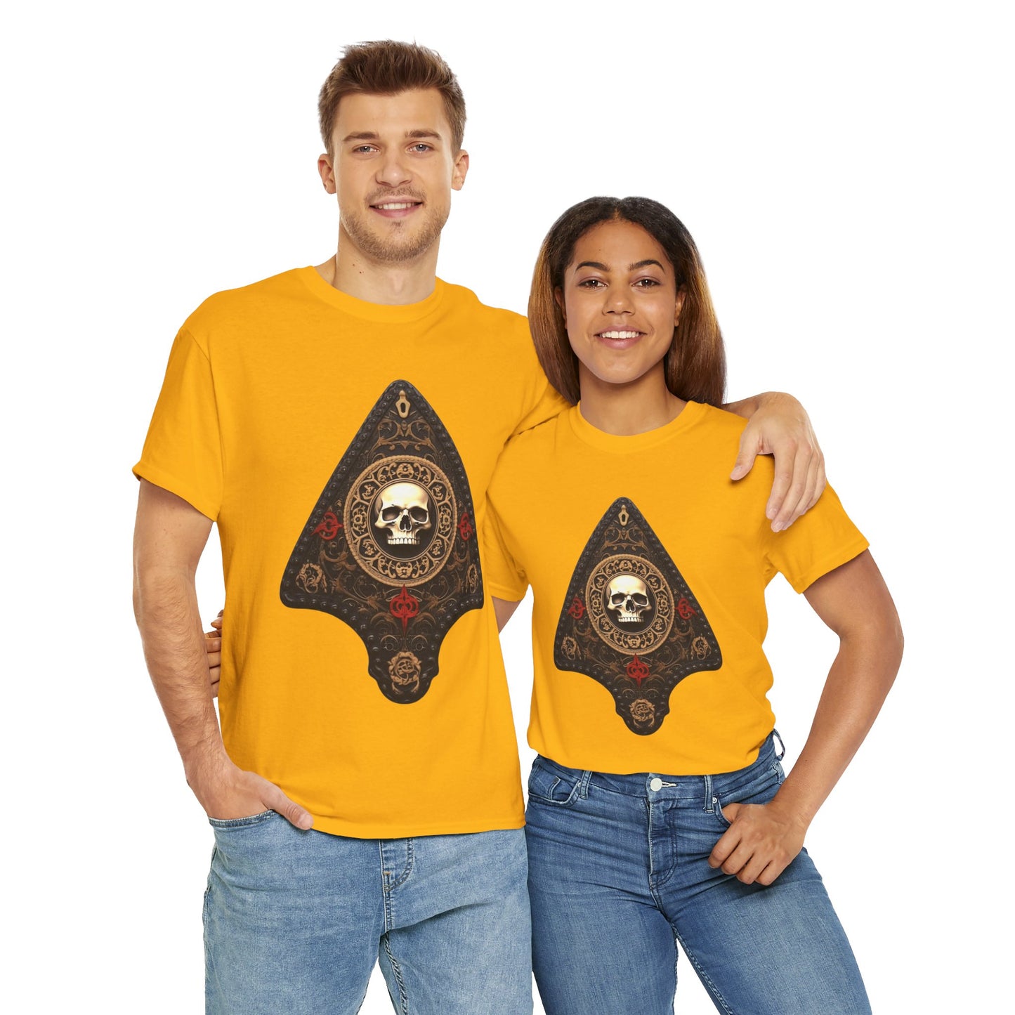 Skull Design Ouija Planchette Unisex Heavy Cotton Tee Shirt - Unique Graphic T-Shirt for Horror Fans, Scary, Gothic, Halloween, Geek, Nerd