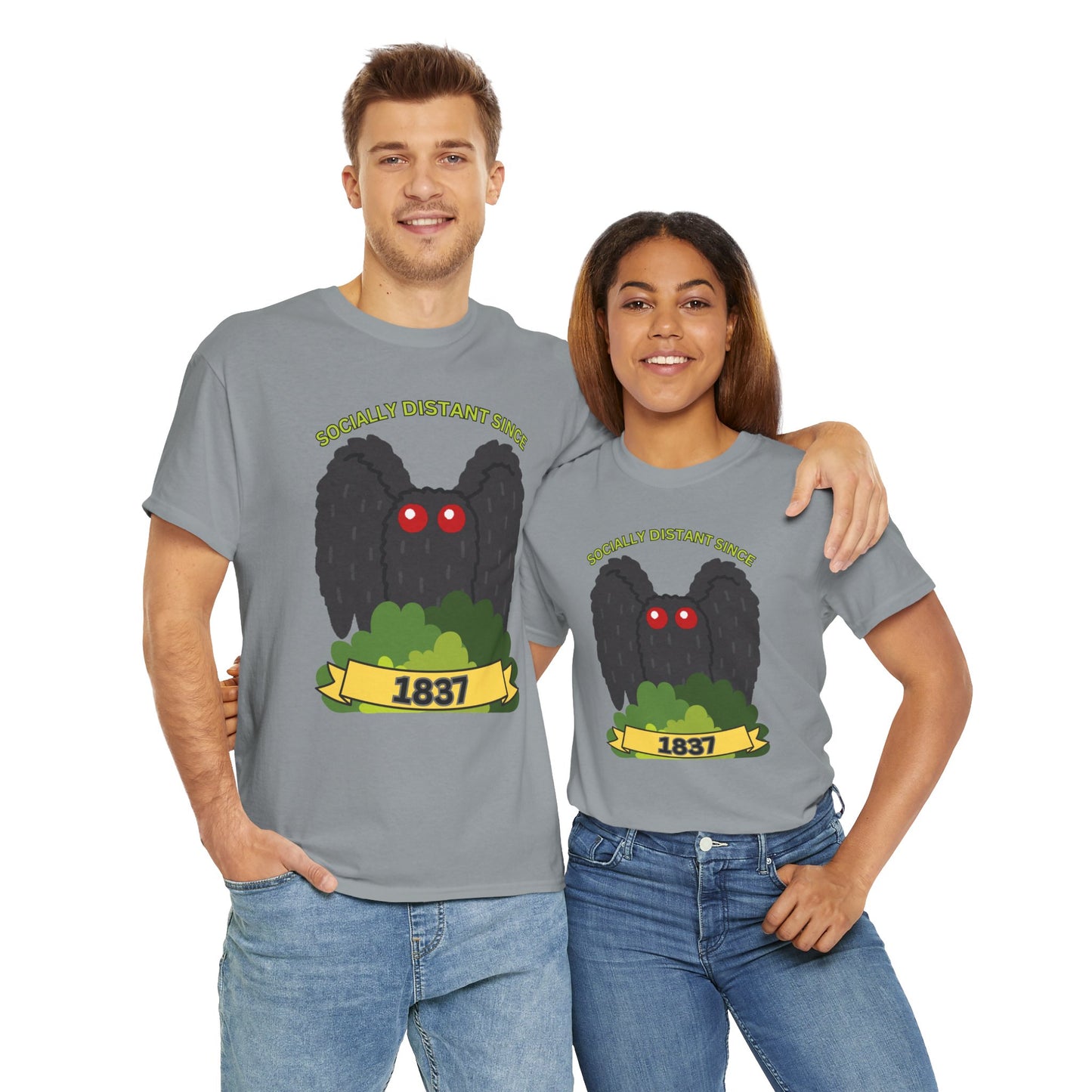 Mothman 'Socially Distant Since 1837' Unisex Tee, Funny Graphic Tee, Quirky T-Shirt, Casual Wear, Gift for Friends, Paranormal, Cryptid, Geek, Nerd, Scary, Creepy