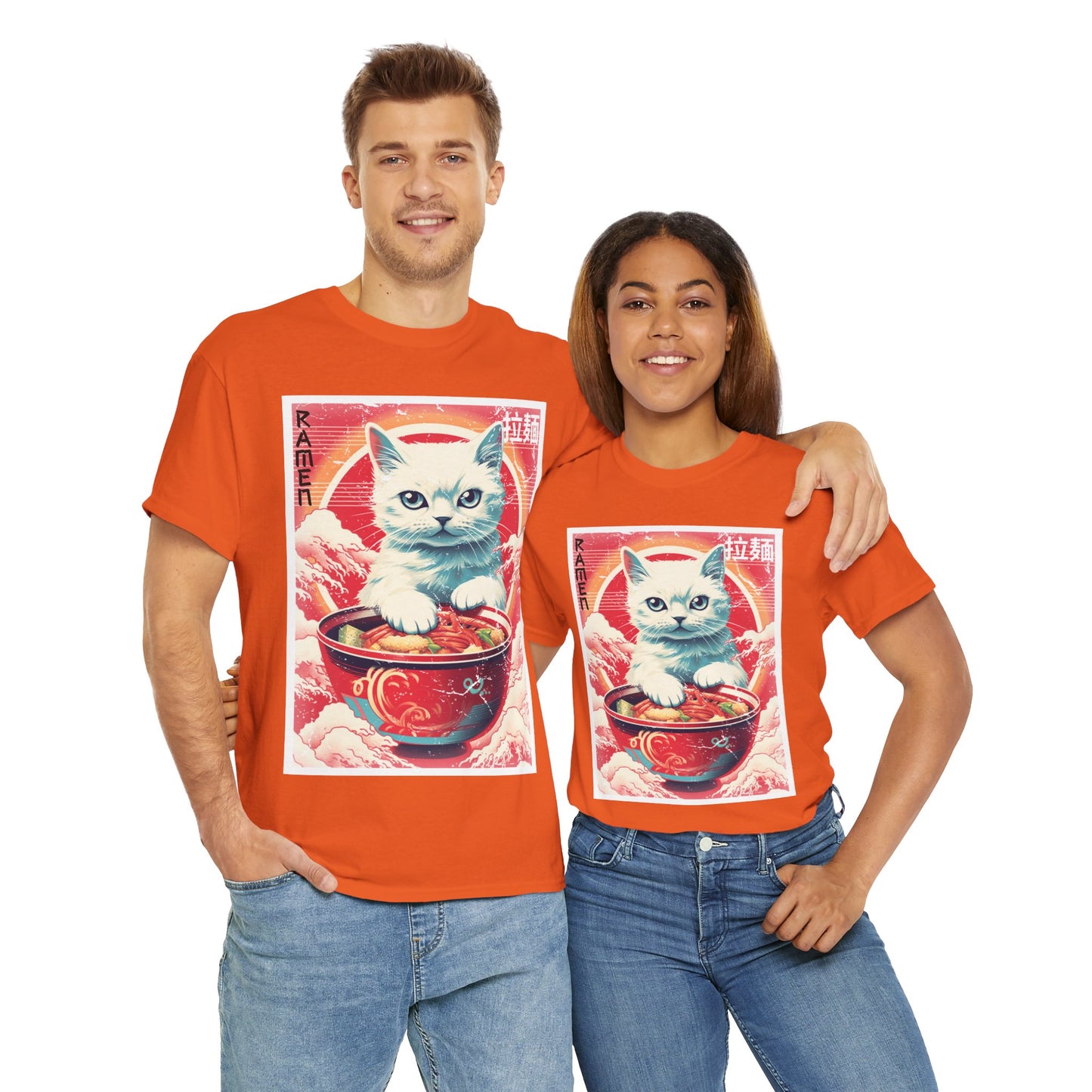 Cute Kawaii Anime Cat Eating Ramen Unisex Heavy Cotton Tee Shirt T-Shirt - Perfect for Animal Lovers and Foodies, Vintage Ad Style, Geek, Nerd