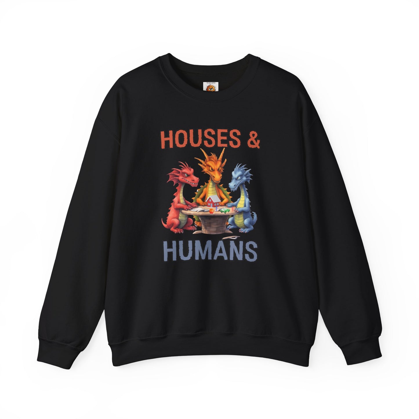 'Houses & Humans' Heavy Blend Crewneck Sweatshirt, Cozy unisex sweatshirt, Fantasy apparel, Gift for nerds, Dragon lover merch, D&D, DND, RPG, TTRPG, Geek, Nerd, D20