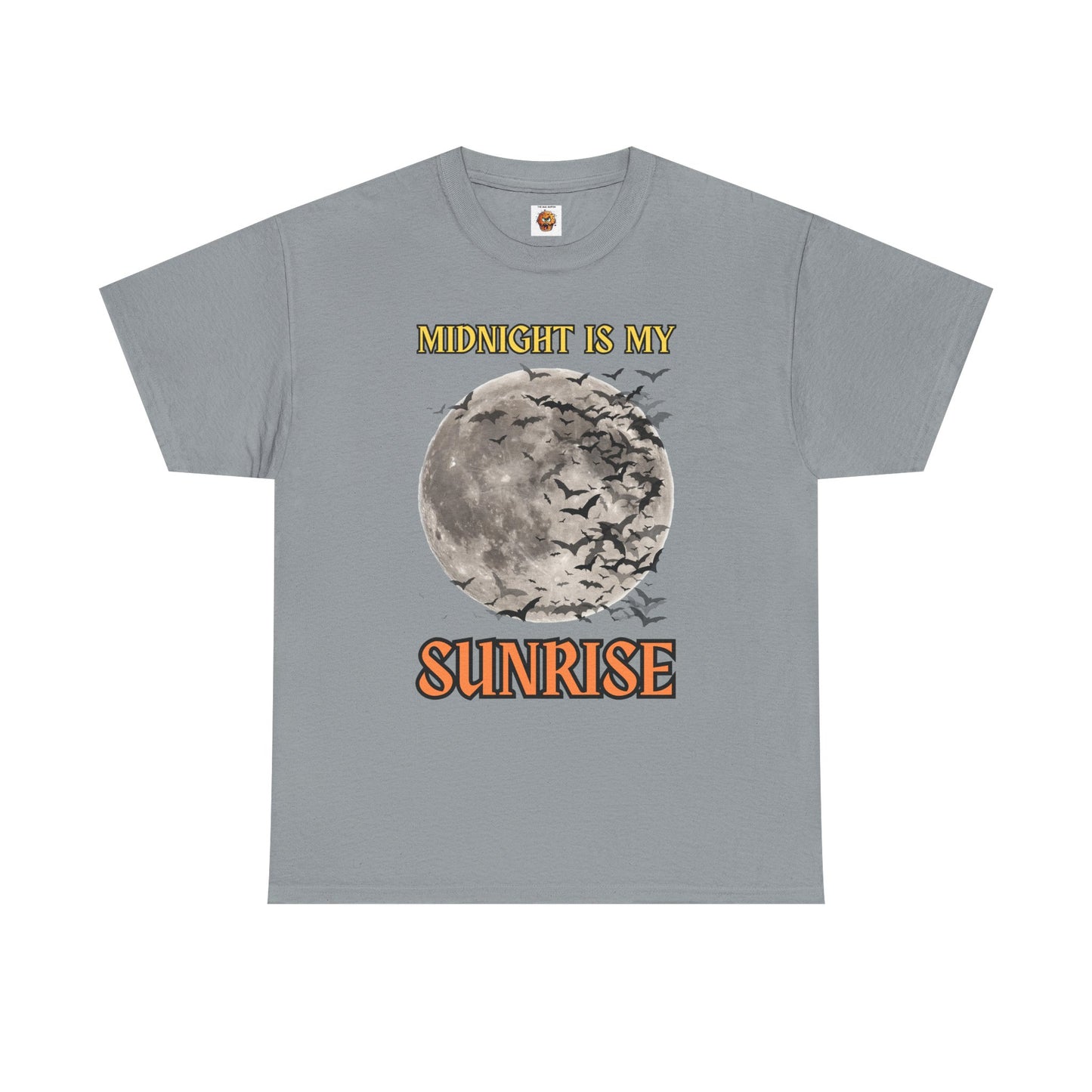 'Midnight is My Sunrise' Unisex Heavy Cotton Tee Shirt - Graphic Tee for Night Owls, Scary, Creepy, Halloween, Gothic, Full Moon, Bats