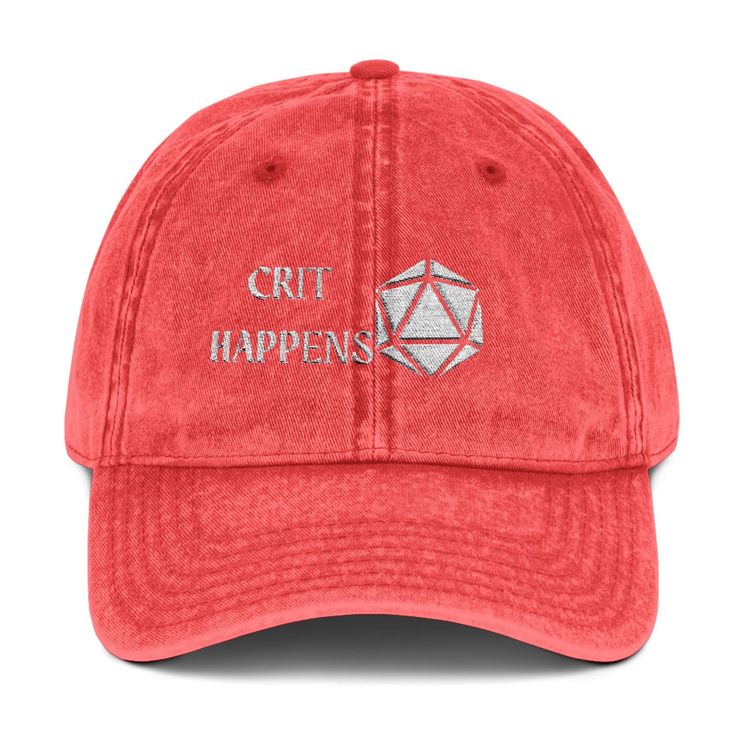 Vintage Style Cap - 'CRIT HAPPENS' D20 Embroidered Baseball Hat, DND, RPG, TTRPG, Roleplaying, Geek, Nerd