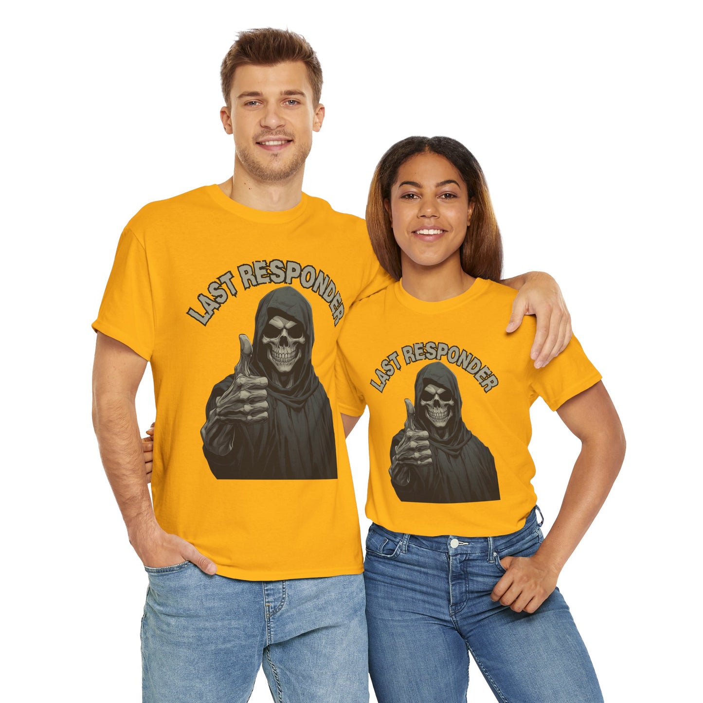 Last Responder Grim Reaper Death Unisex Heavy Cotton Tee Shirt - Horror, Scary, Creepy, Halloween, Dark Black Humor, Geek, Nerd