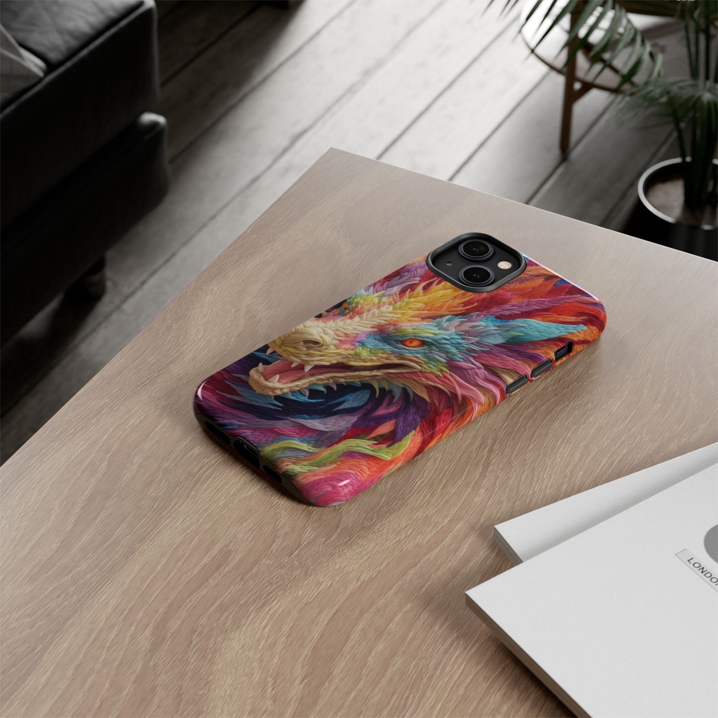 Vibrant 3D Embroidery Embroidered Rainbow Dragon Phone Case - Tough Protection for Fantasy Lovers, DND, RPG, TTRPG, Geek, Nerd