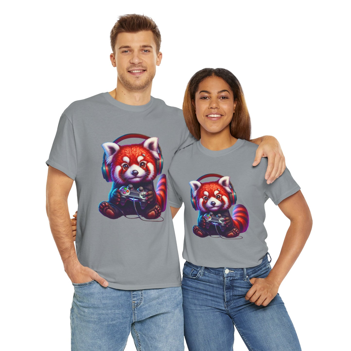 Cute Kawaii Gaming Red Panda Tee - Unisex Heavy Cotton Tee Shirt, Gamer, Anime, Headphones, Earphones, Geek, Nerd