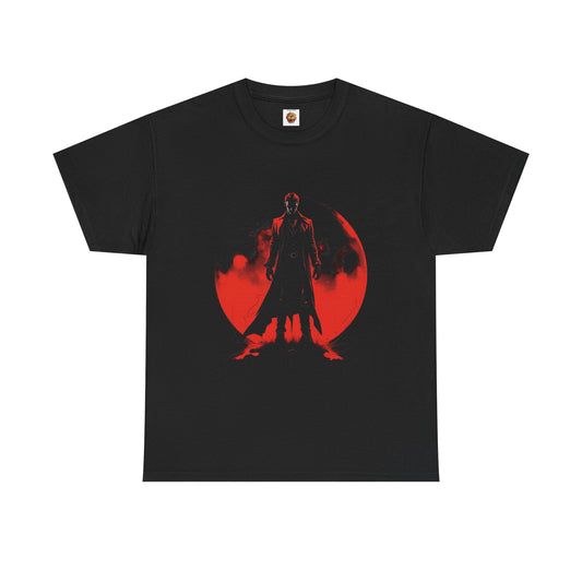 Eternal Night 001 Unisex Heavy Cotton Tee Shirt T-Shirt - Bold Red Shadow Design for Vampire Fans, Classic, Blood Red Moon, Dracula, Halloween, Scary