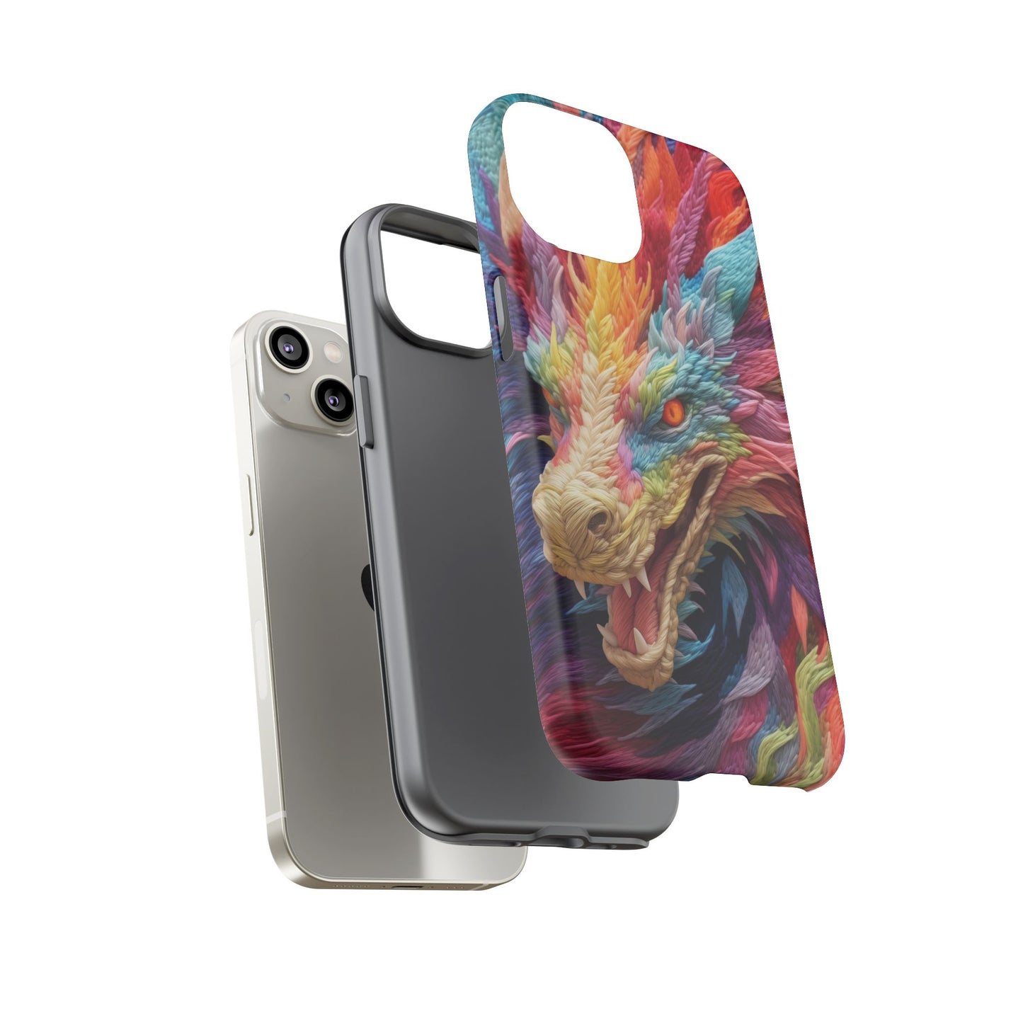 Vibrant 3D Embroidery Embroidered Rainbow Dragon Phone Case - Tough Protection for Fantasy Lovers, DND, RPG, TTRPG, Geek, Nerd
