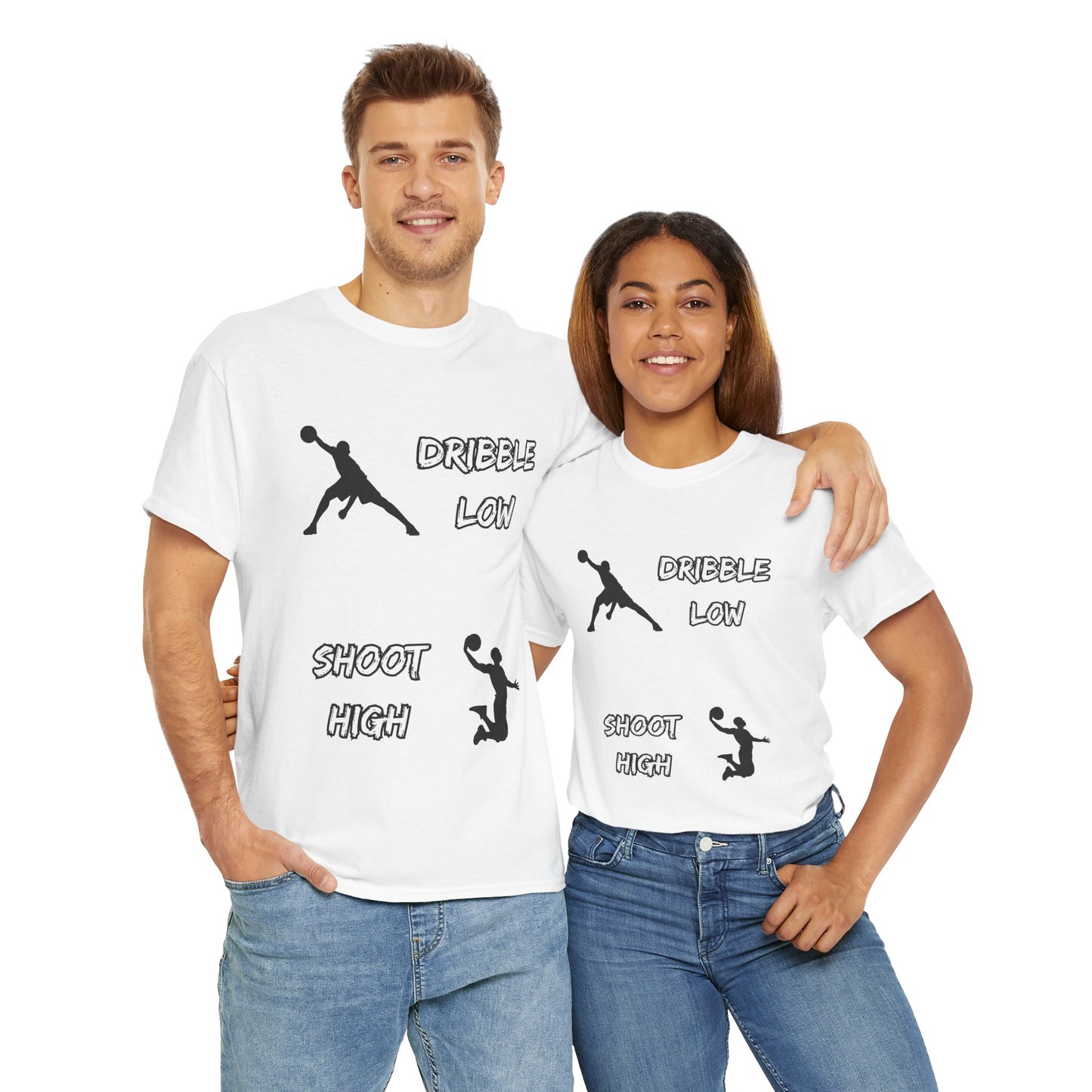 'Dribble Low, Shoot High' Motivational Basketball Tee - Unisex Heavy Cotton, Sportswear, Gift for Athletes, Casual Style, Basketball Fan Apparel, Player, Silhouette