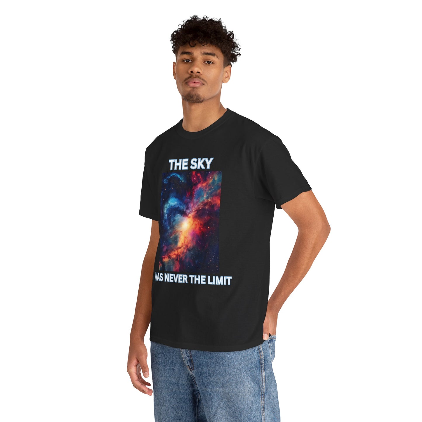 Unisex Heavy Cotton Tee Shirt - 'The Sky Was Never The Limit' Inspirational Galaxy Print, Geek, Nerd, Space