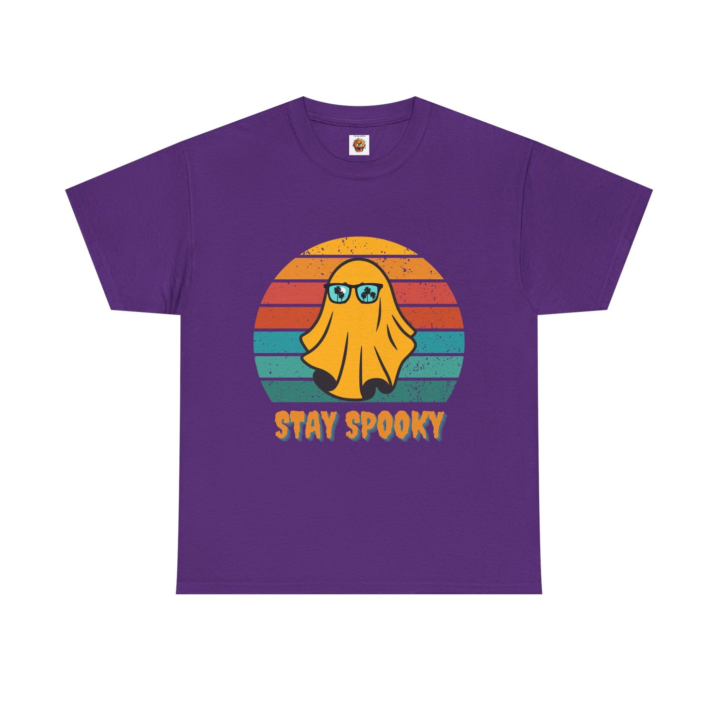 Stay Spooky Retro Holiday Unisex Heavy Cotton Tee - Vintage Ghost Halloween Shirt, Sunglasses, California, Tropical, Funny, Geek, Nerd