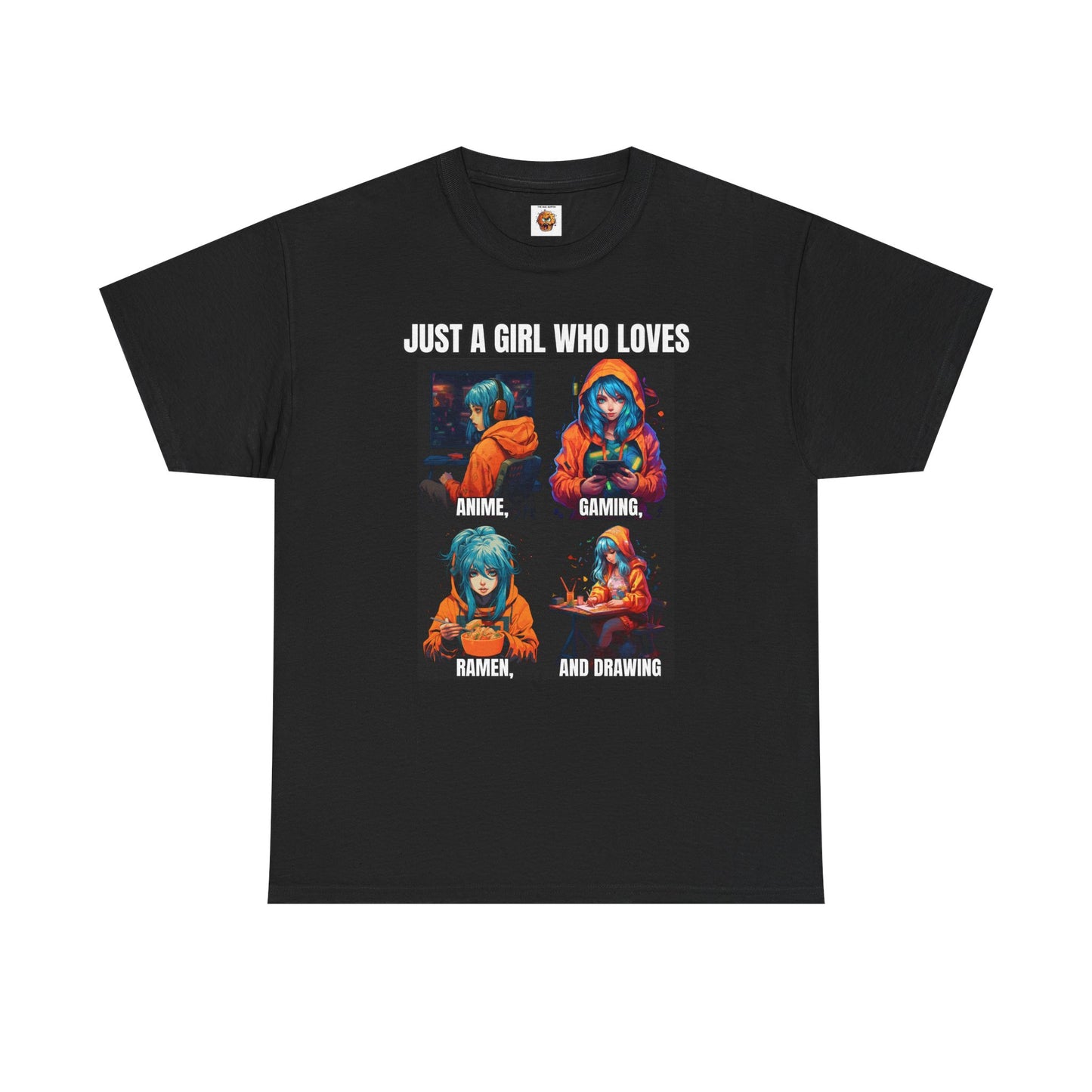 'Just a Girl Who Loves Anime, Gaming, Ramen, and Drawing' Unisex Heavy Cotton Tee - Waifu, Video Game, Gamer, Gamer Girl, Sketching, Weeb, Otaku, Geek, Nerd