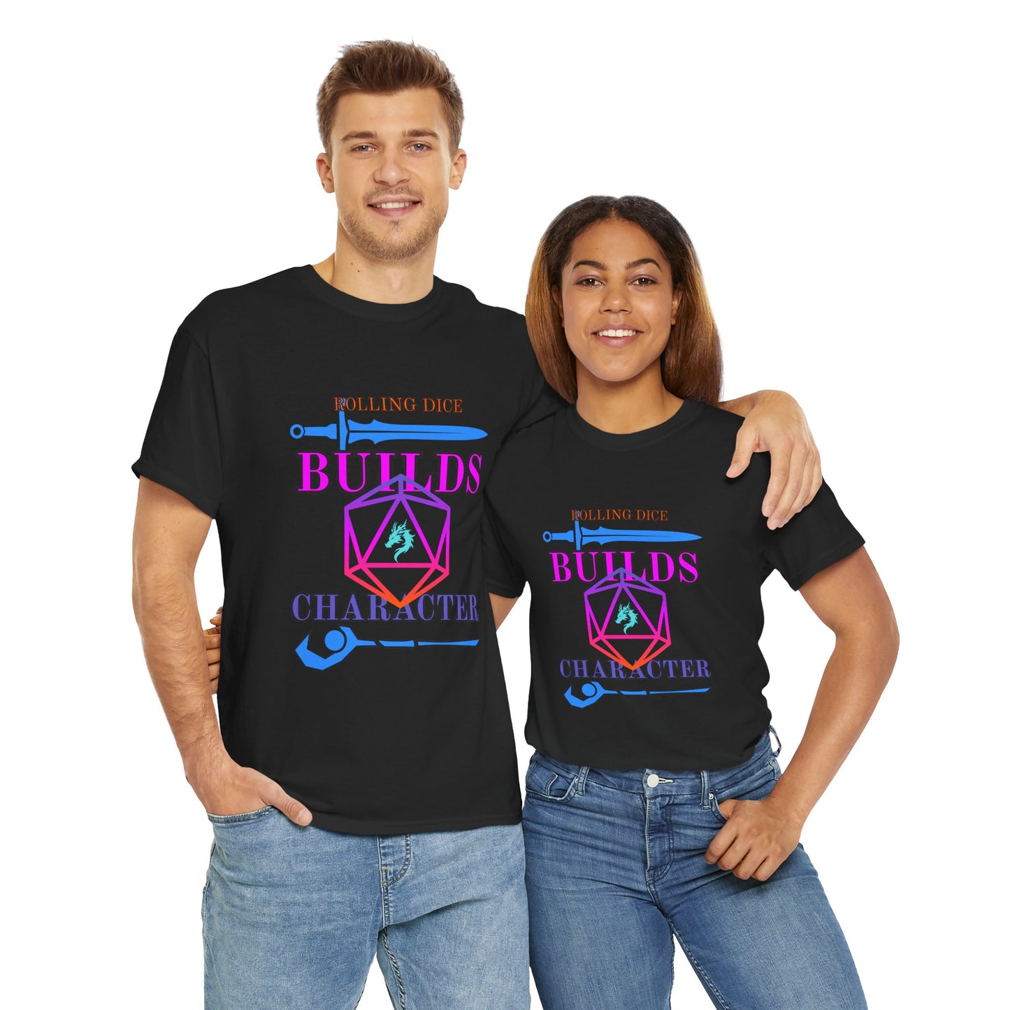 Unisex Heavy Cotton Tee - 'Rolling Dice Builds Character', Gamer Shirt, D&D Tee, Geeky Apparel, Role-Playing Gift, Fun RPG Top, D20, TTRPG, Geek, Nerd