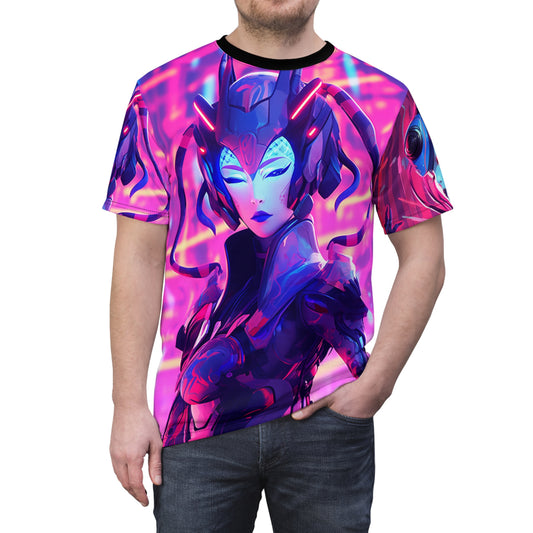 Front and Back Kabuki Cyberpunk Futuristic Anime Performer Neon Unisex AOP Tee - Bold Graphic Print, Neon, Cybernetic, Science, Tech, Sci-Fi, Geek, Nerd