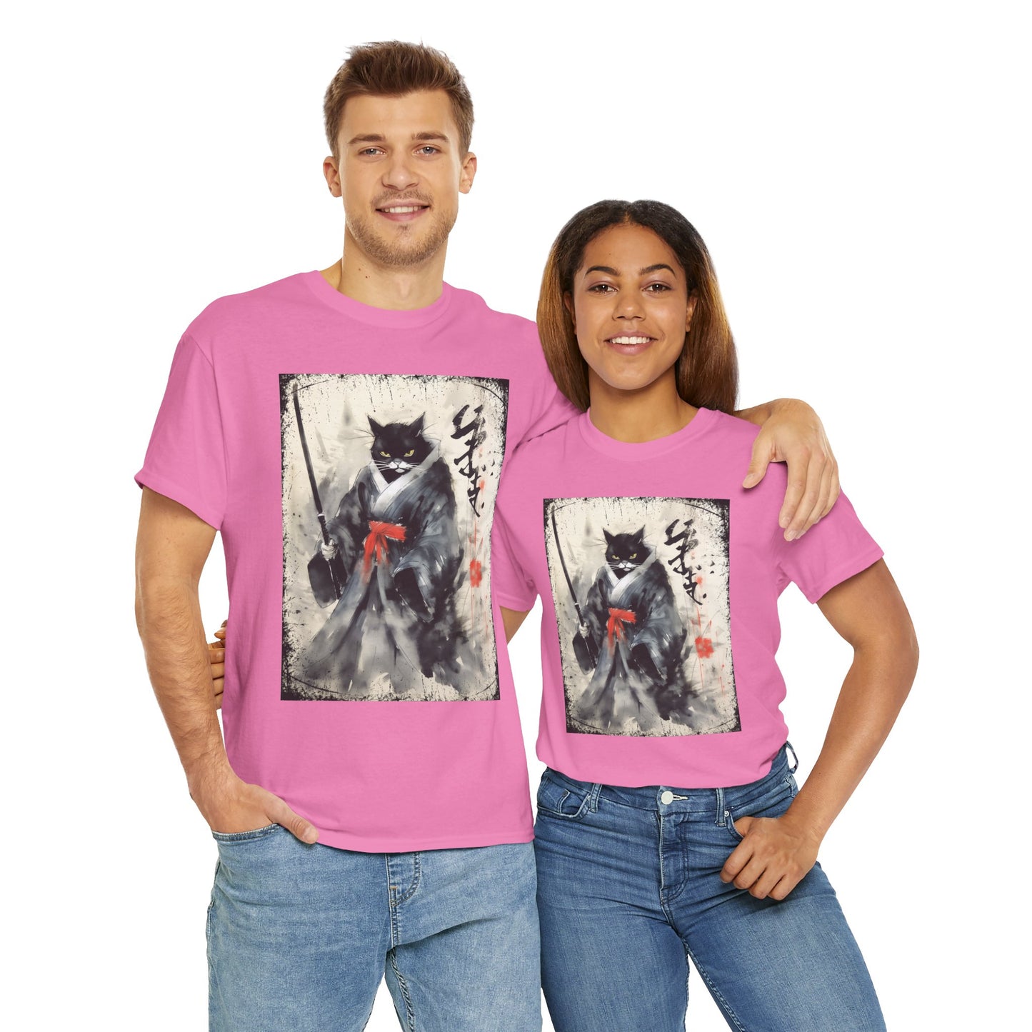 Samurai Cat Vintage Ukiyo-e Warrior Art Unisex Heavy Cotton Tee - Artistic Vintage Design, Japanese Ink Painting, Anime, Weeb, Otaku, Geek, Nerd