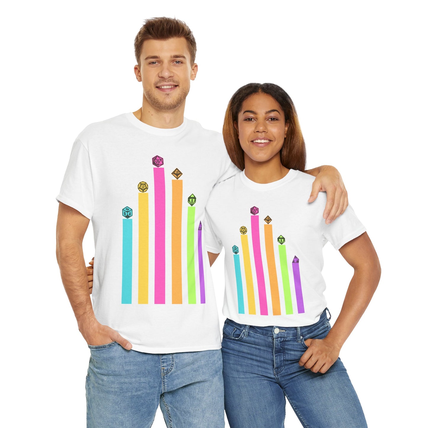 Vintage Minimalist Geeky Polyhedral Falling Retro Rainbow Dungeons and Dragons DND Unisex Heavy Cotton Tee Shirt - RPG, TTRPG, Roleplaying, Geek, Nerd