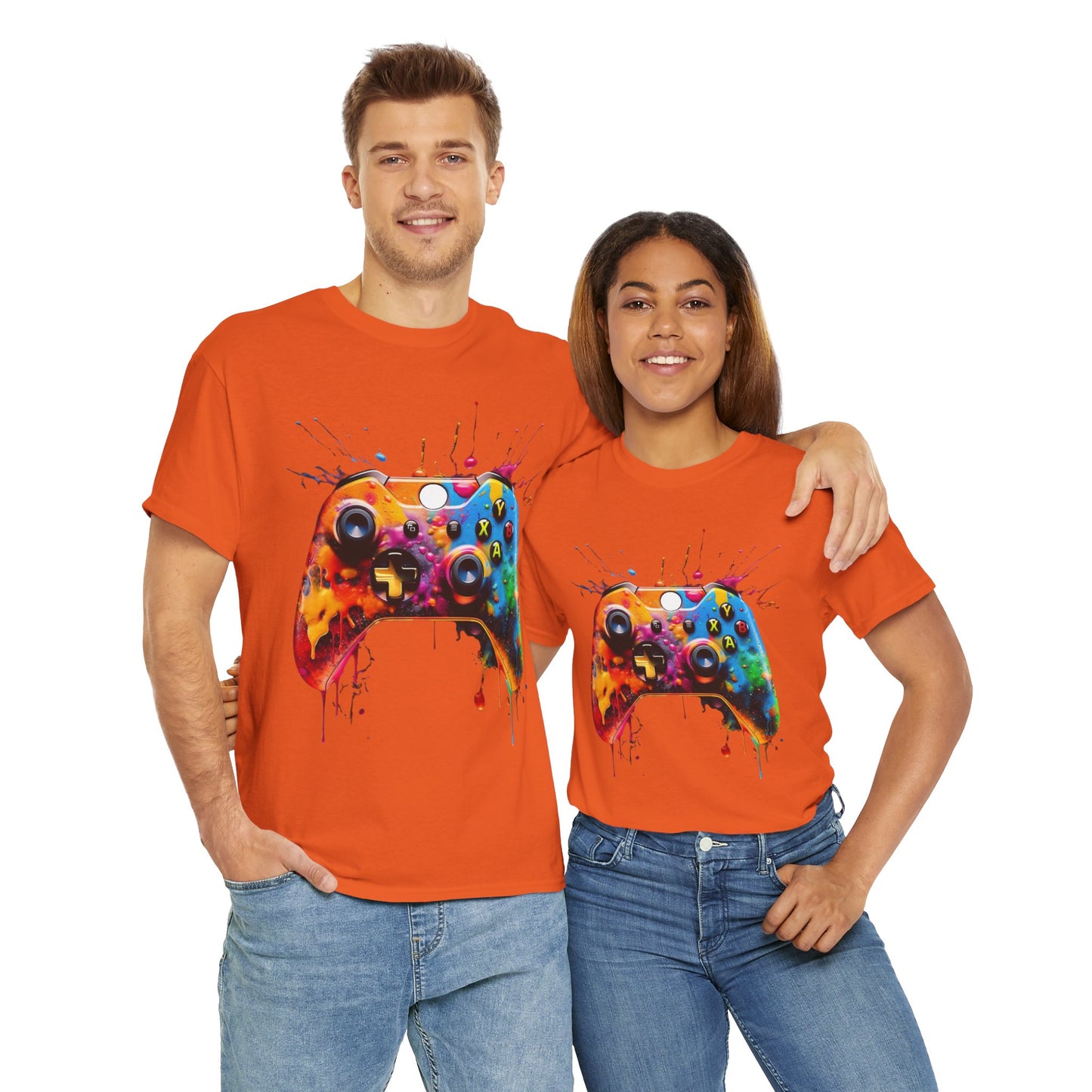 Colorful Paint Gamer Unisex Heavy Cotton Tee Shirt - Domestic Video Game Controller Design, Gaming, Console, T-Shirt, Rainbow Colors, Geek, Nerd