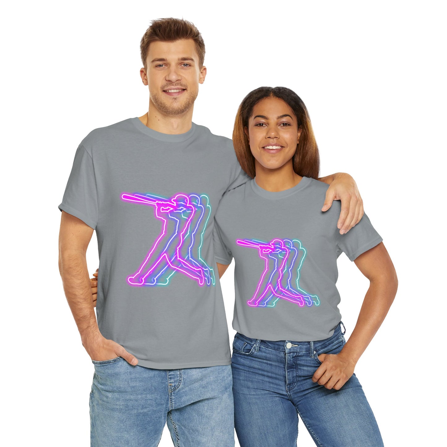 Neon Baseball Player Action Graphic Tee | Unisex Heavy Cotton Shirt, Retro Sports T-Shirt, Casual Wear, Street Style, Gift for Athletes, American, Batter Up
