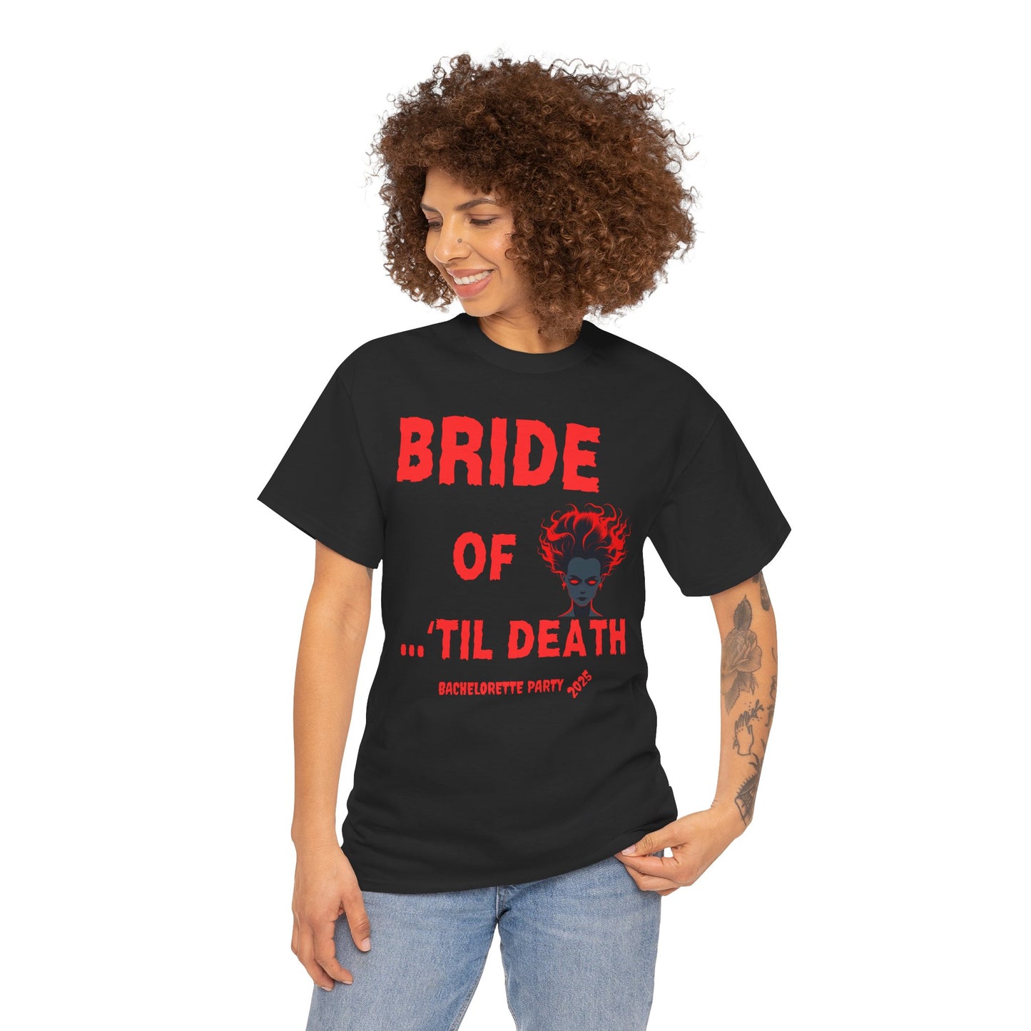 Bride of 'Til Death Bachelorette Party Tee 2025 | Unisex Heavy Cotton T-Shirt, Wedding, Engagement, Horror, Scary, Creepy, Halloween, Geek, Nerd