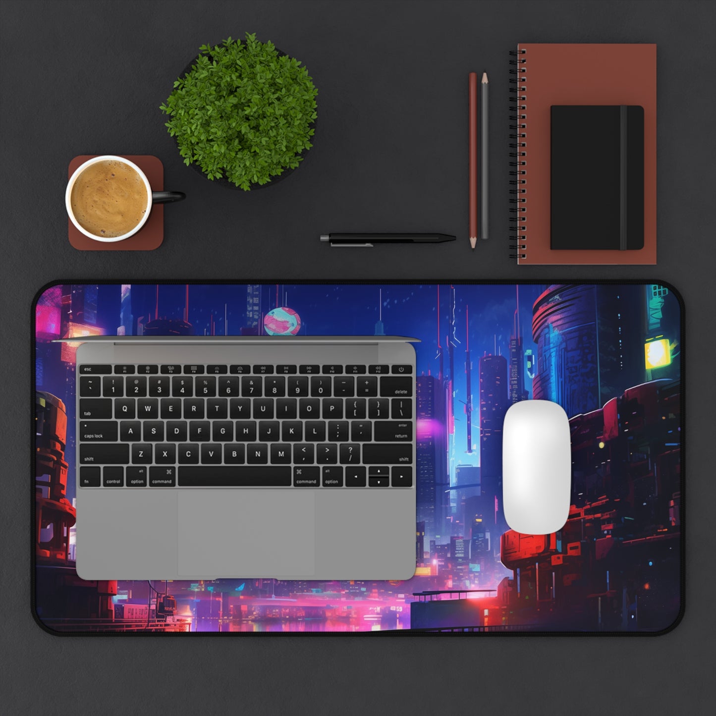 Futuristic Cityscape Cyberpunk Skyline Desk Mat - Perfect for Gamers and Professionals, Geek, Nerd, Neon Color