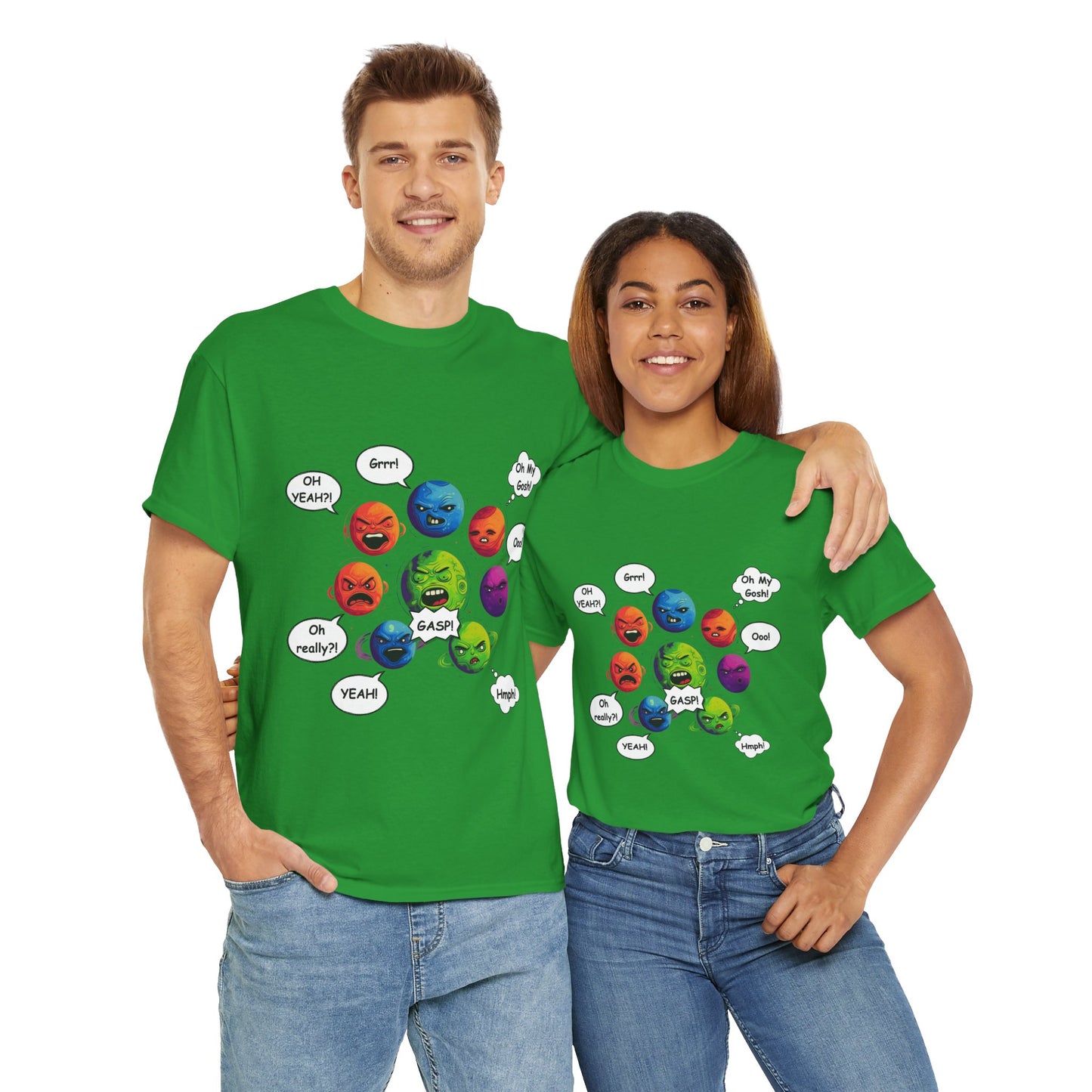 Funny Arguing Planets Unisex Heavy Cotton Tee Shirt - Fun Emoji Solar System Expressions Graphic T-Shirt, Geek, Nerd, Space