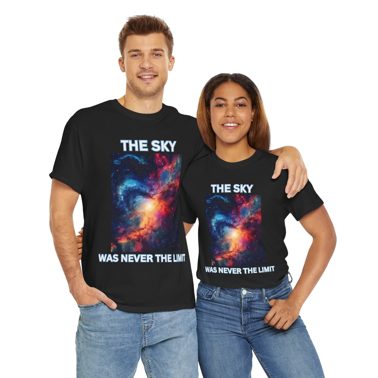 Unisex Heavy Cotton Tee Shirt - 'The Sky Was Never The Limit' Inspirational Galaxy Print, Geek, Nerd, Space