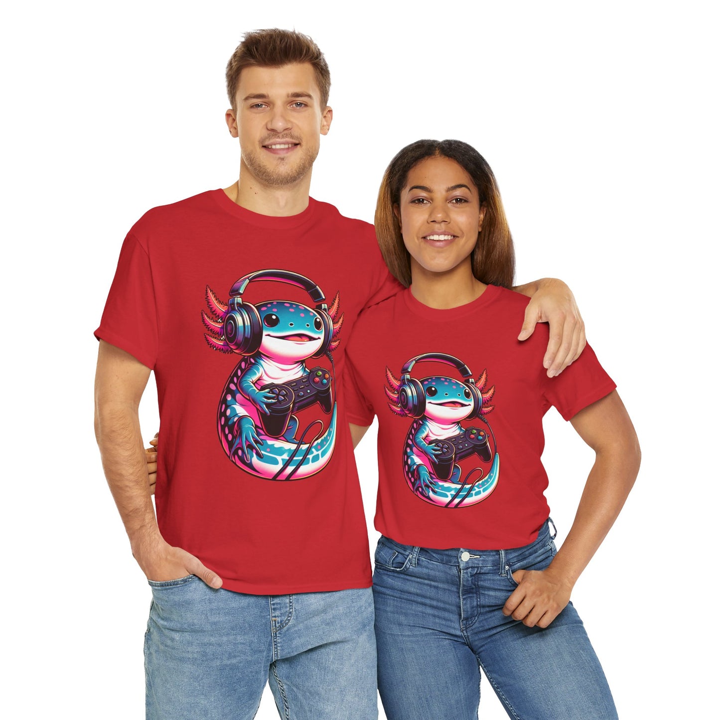 Cute Kawaii Gaming Axolotl Unisex Heavy Cotton Tee - Perfect for Gamers, Mexican Walking Fish, Smile, Video Game, Geek, Nerd, Salamander, Anime