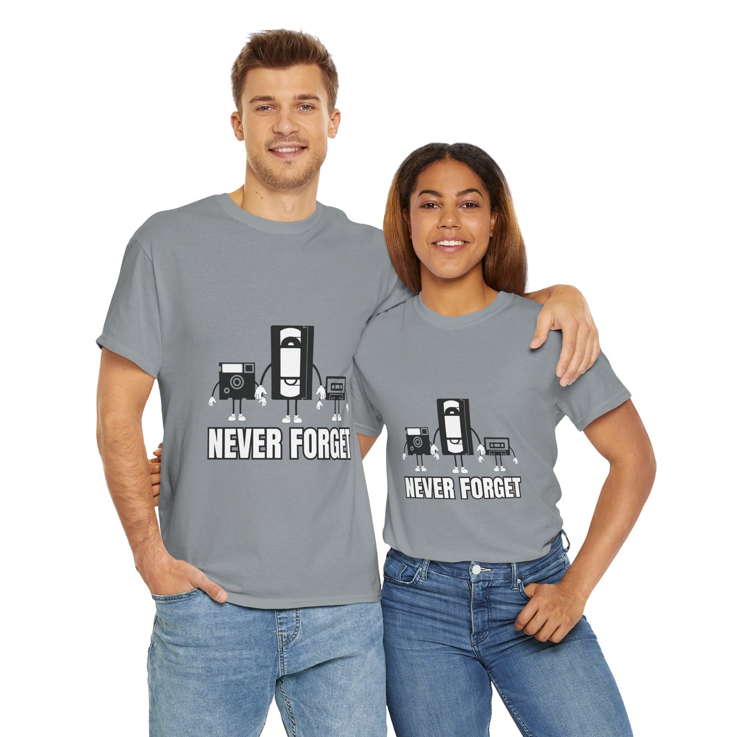 Retro Tech Unisex Heavy Cotton Tee Shirt- "Never Forget" Graphic T-Shirt, Floppy Disk, VHS Tape, Audio Cassette, Science, Geek, Nerd