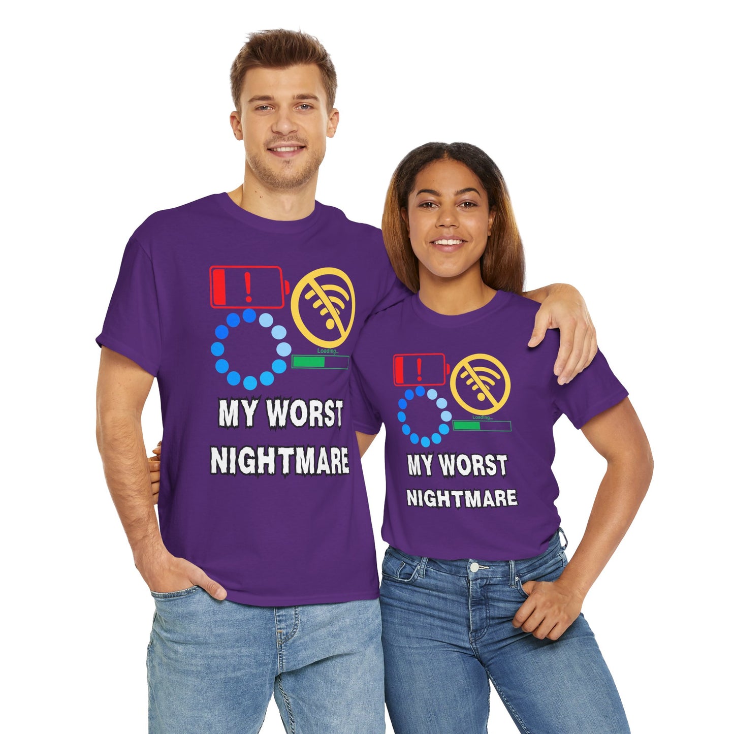 My Worst Nightmare Unisex Heavy Cotton Tee - Funny Graphic T-Shirt for Tech Lovers, Low Battery, No WiFi, Buffering, Loading, PC, Gamer, Gaming, Video Game, Geek, Nerd