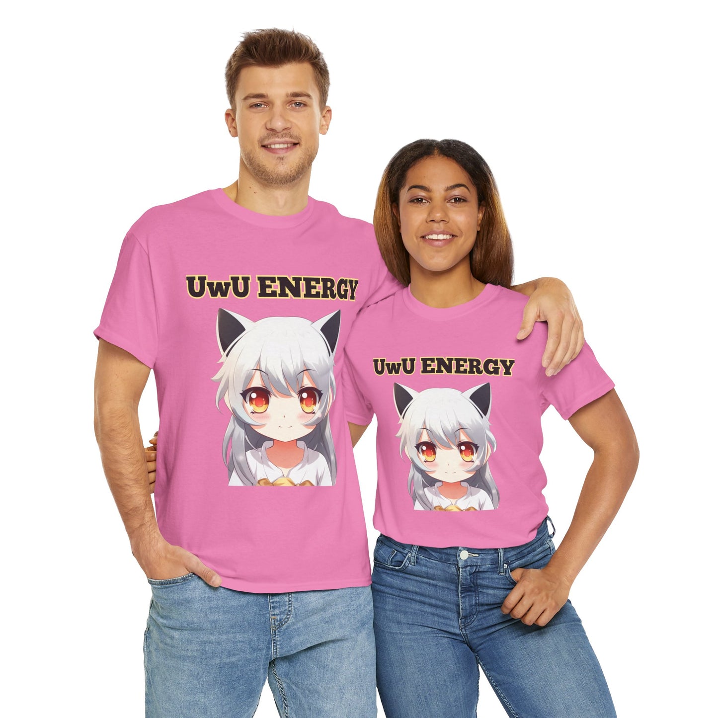 Cute Anime 'UwU ENERGY' Cat Girl Neko Nekomusume Unisex Heavy Cotton Tee Shirt T-Shirt - Weeb, Otaku, Geek, Nerd