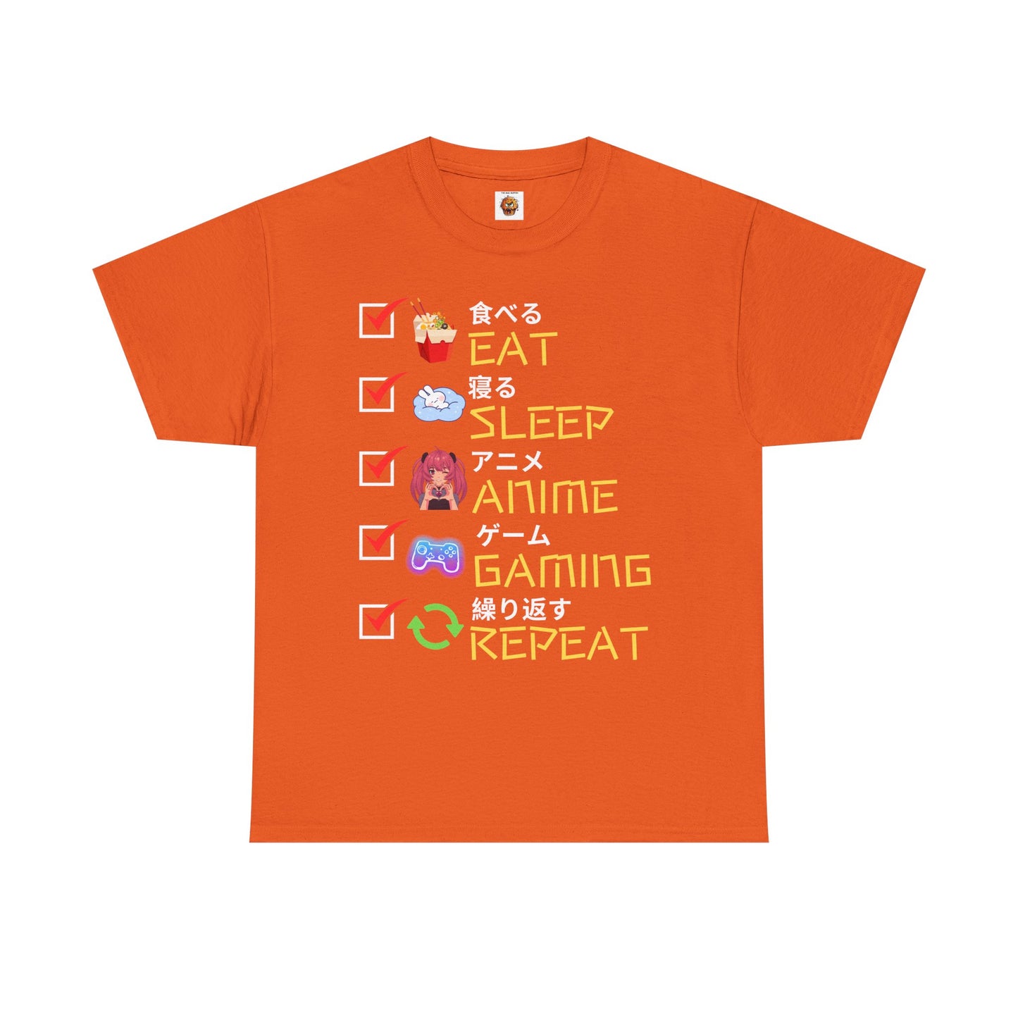 Cute Kawaii Unisex Heavy Cotton Tee Shirt T-Shirt - Eat Sleep Anime Gaming Repeat, Funny Checklist Japanese Kanji English, Geek, Nerd