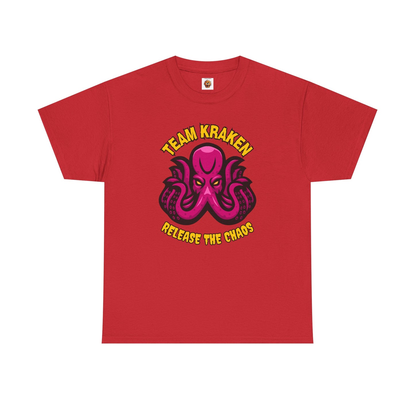 'Team Kraken Release The Chaos' Octopus Unisex Heavy Cotton Tee, Kraken Shirt, Gift for Ocean Lovers, Casual Wear for All Occasions, Mythology, Scary, Creepy, Geek, Nerd